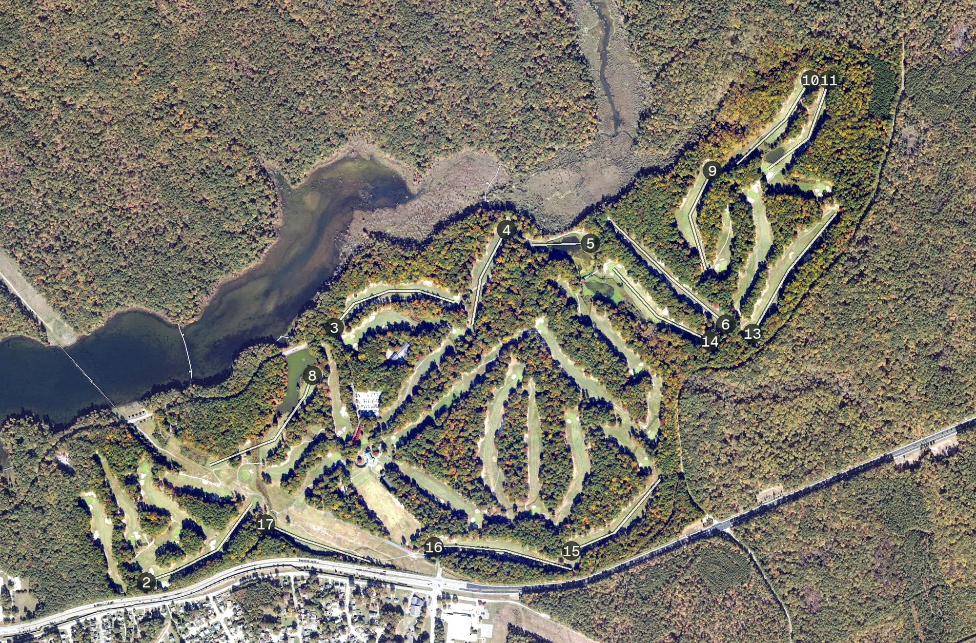 Aerial view of Newport News Golf Club at Deer Run, VA, with its hole routing marked