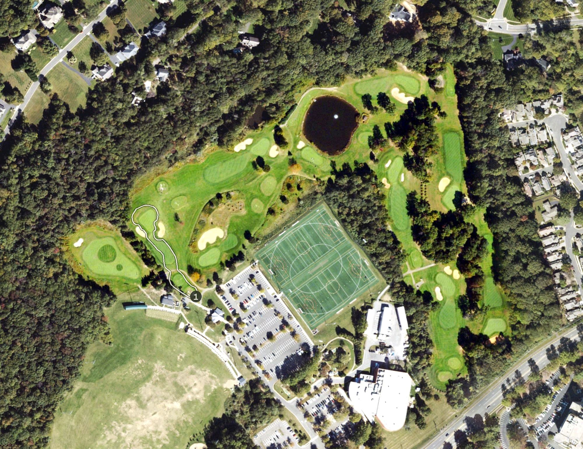 Aerial view of Oakmont Golf Course, VA, with its hole routing marked