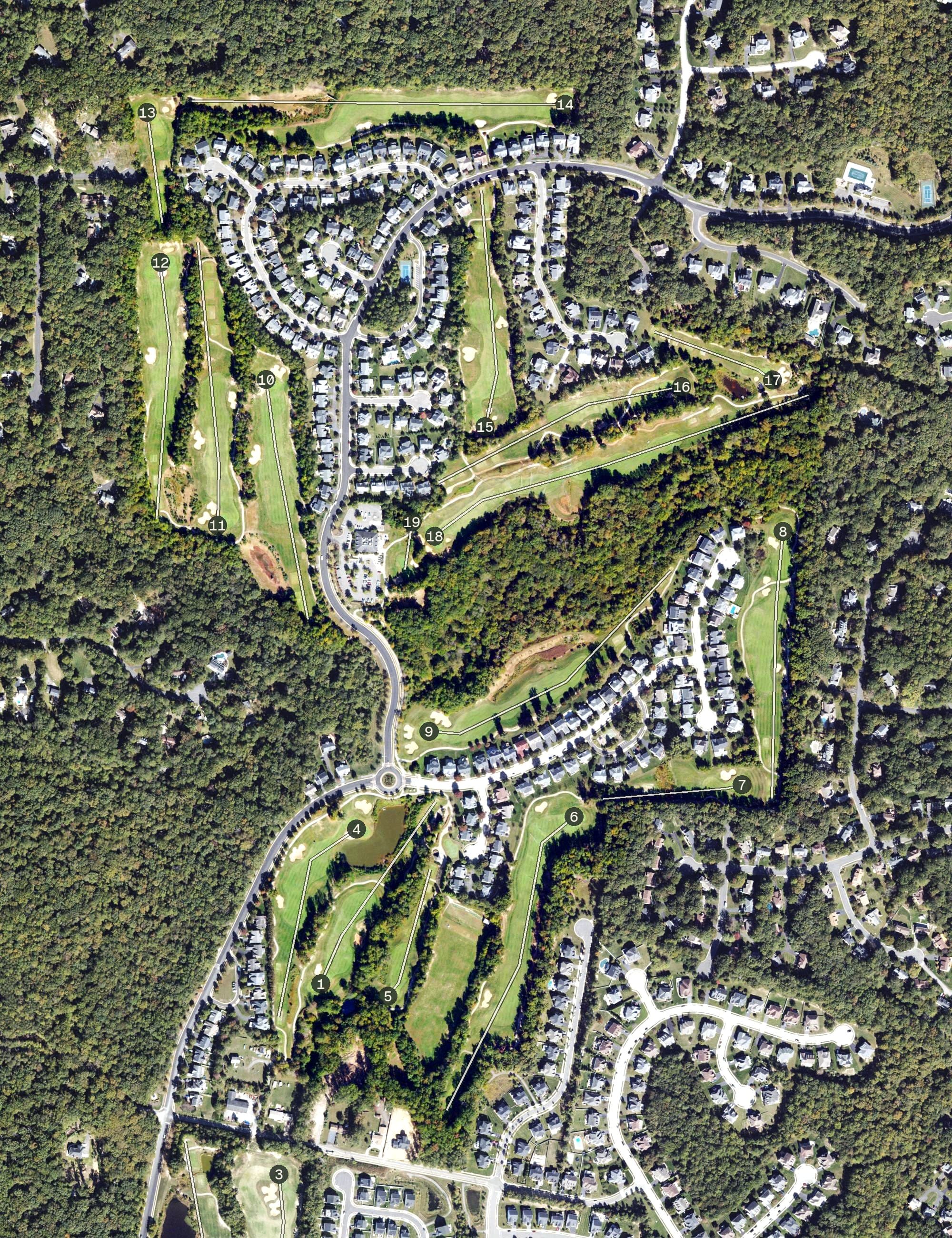 Aerial view of Old Hickory Golf Club, VA, with its hole routing marked
