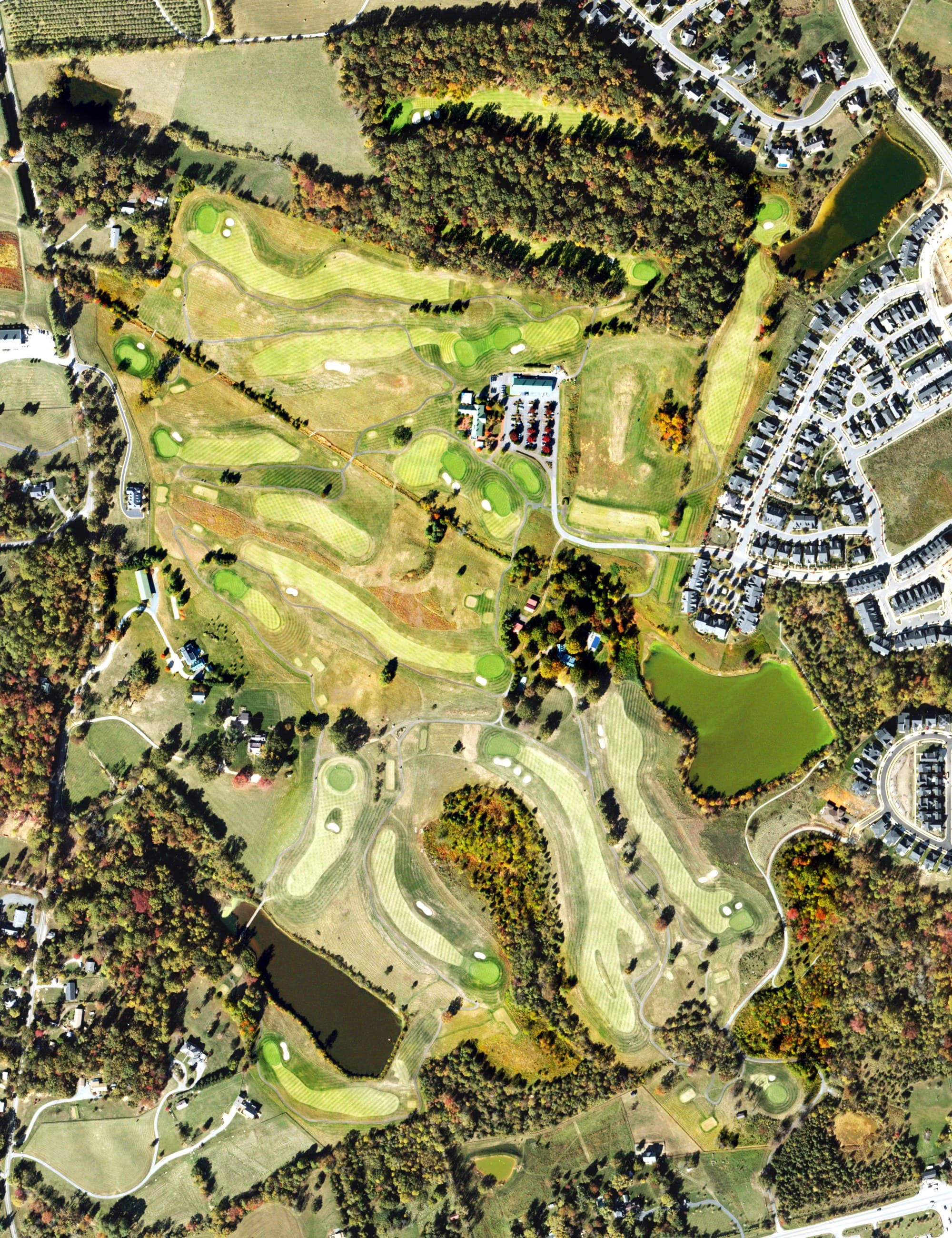Aerial view of Old Trail Golf Club, VA, with its hole routing marked