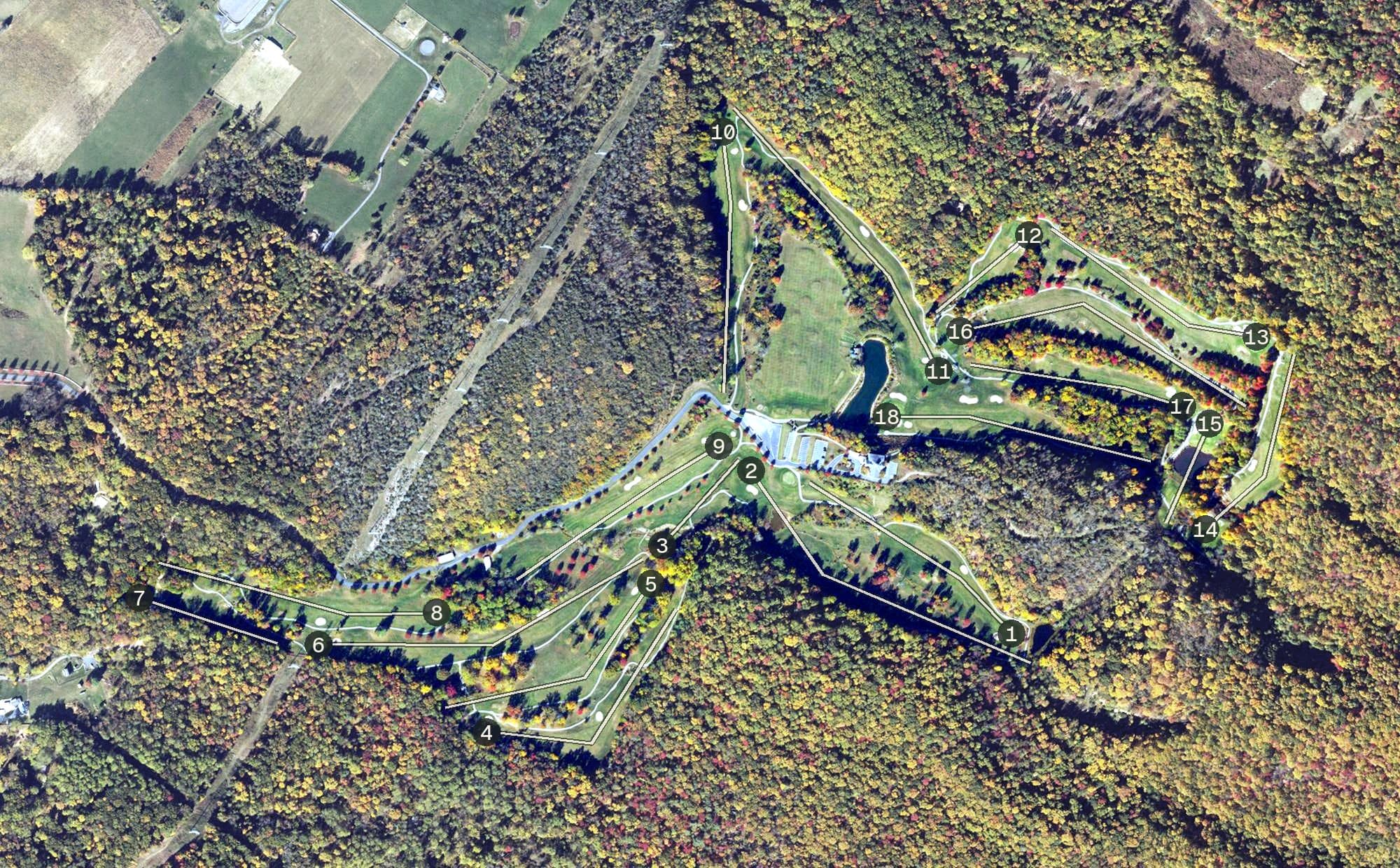 Aerial view of Packsaddle Ridge Golf Club, VA, with its hole routing marked