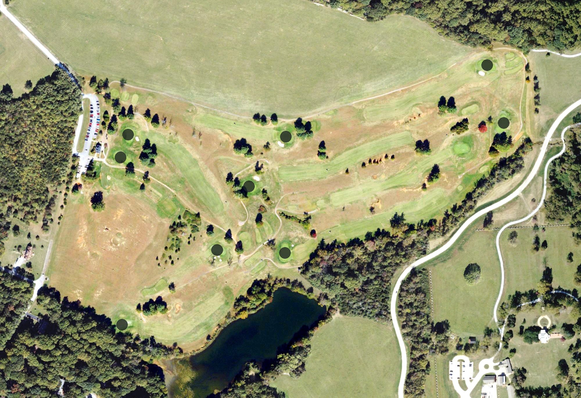 Aerial view of Poplar Forest Golf Course, VA, with its hole routing marked