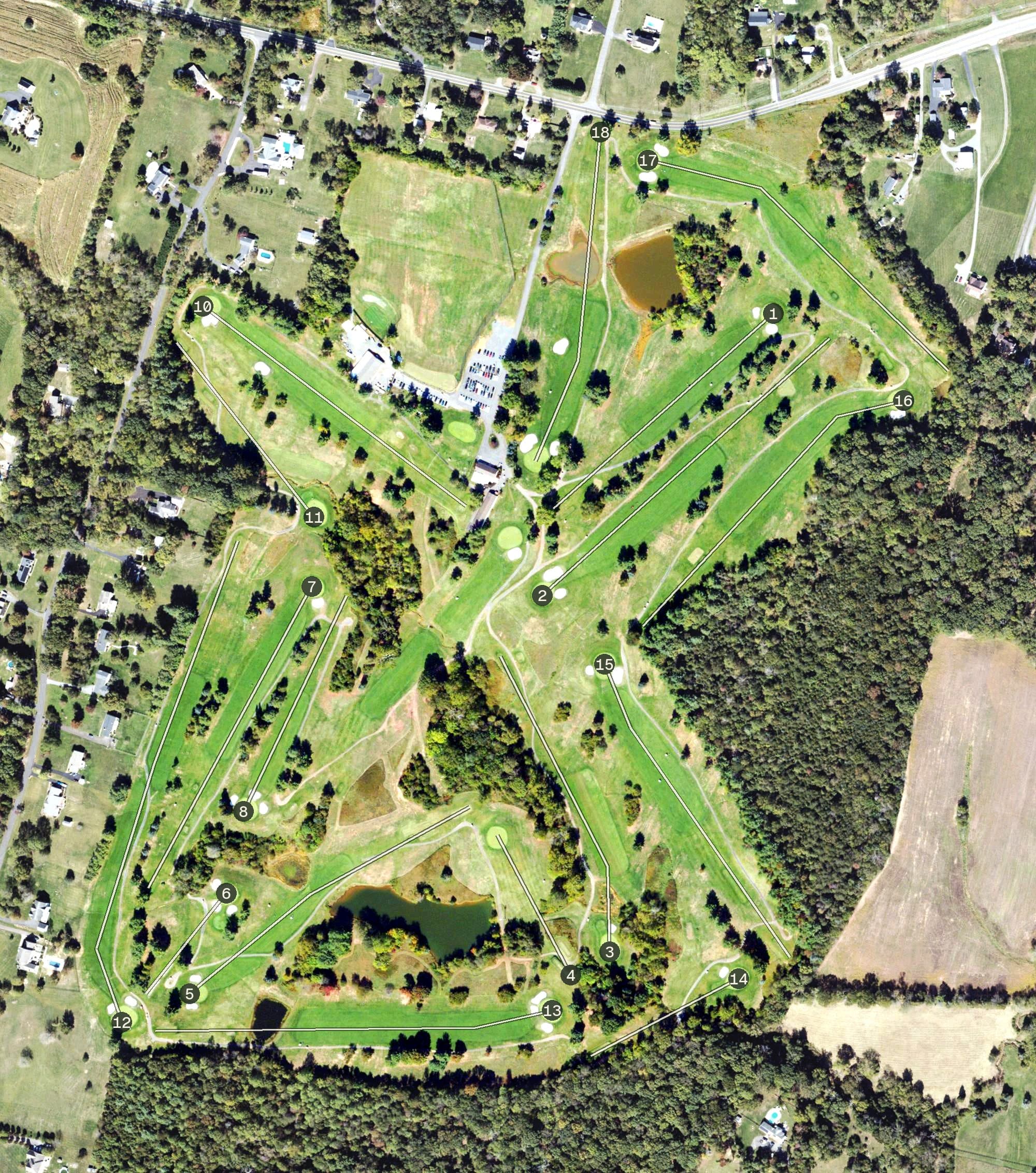 Aerial view of Prince William Golf Course, VA, with its hole routing marked