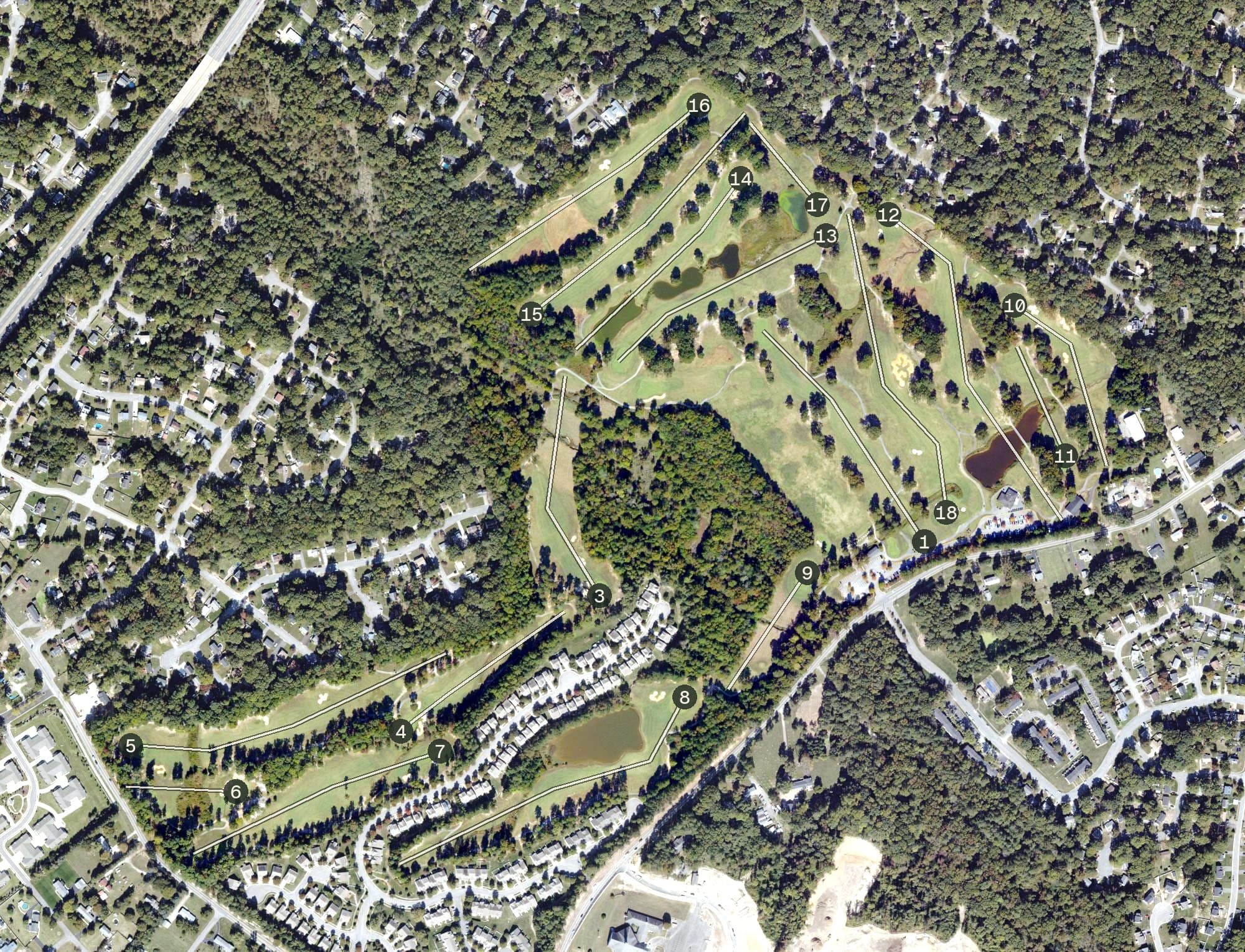 Aerial view of Providence Golf Club, VA, with its hole routing marked