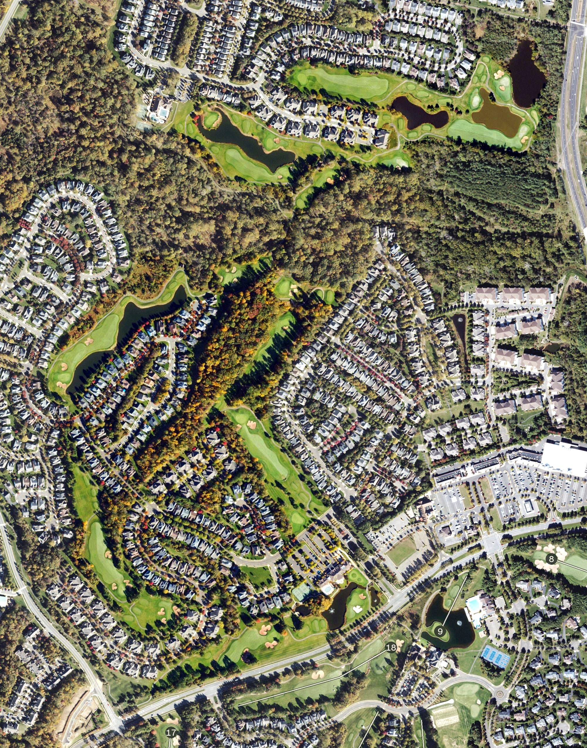 Aerial view of Regency at Dominion Valley, VA, with its hole routing marked
