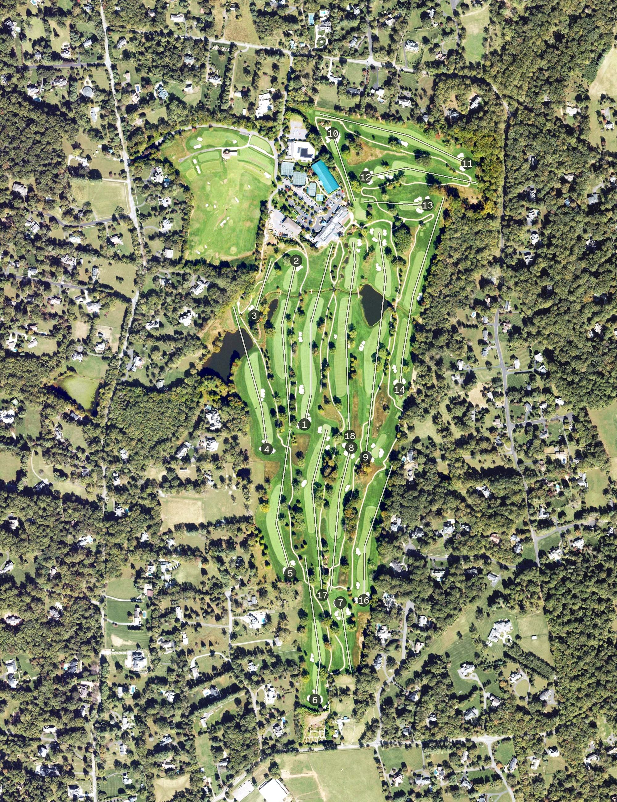 Aerial view of River Bend Club, VA, with its hole routing marked