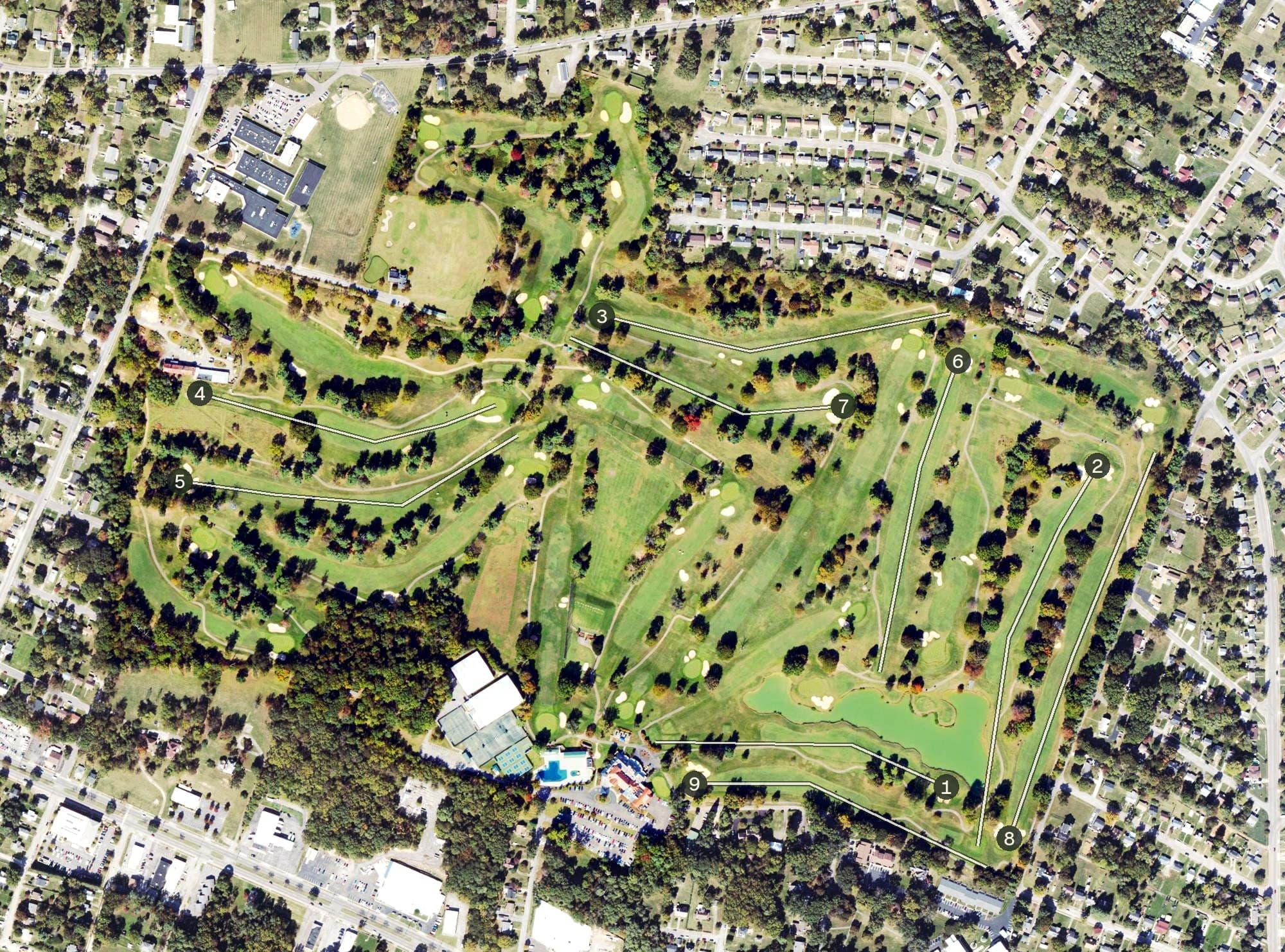 Aerial view of Roanoke Country Club, VA, with its hole routing marked
