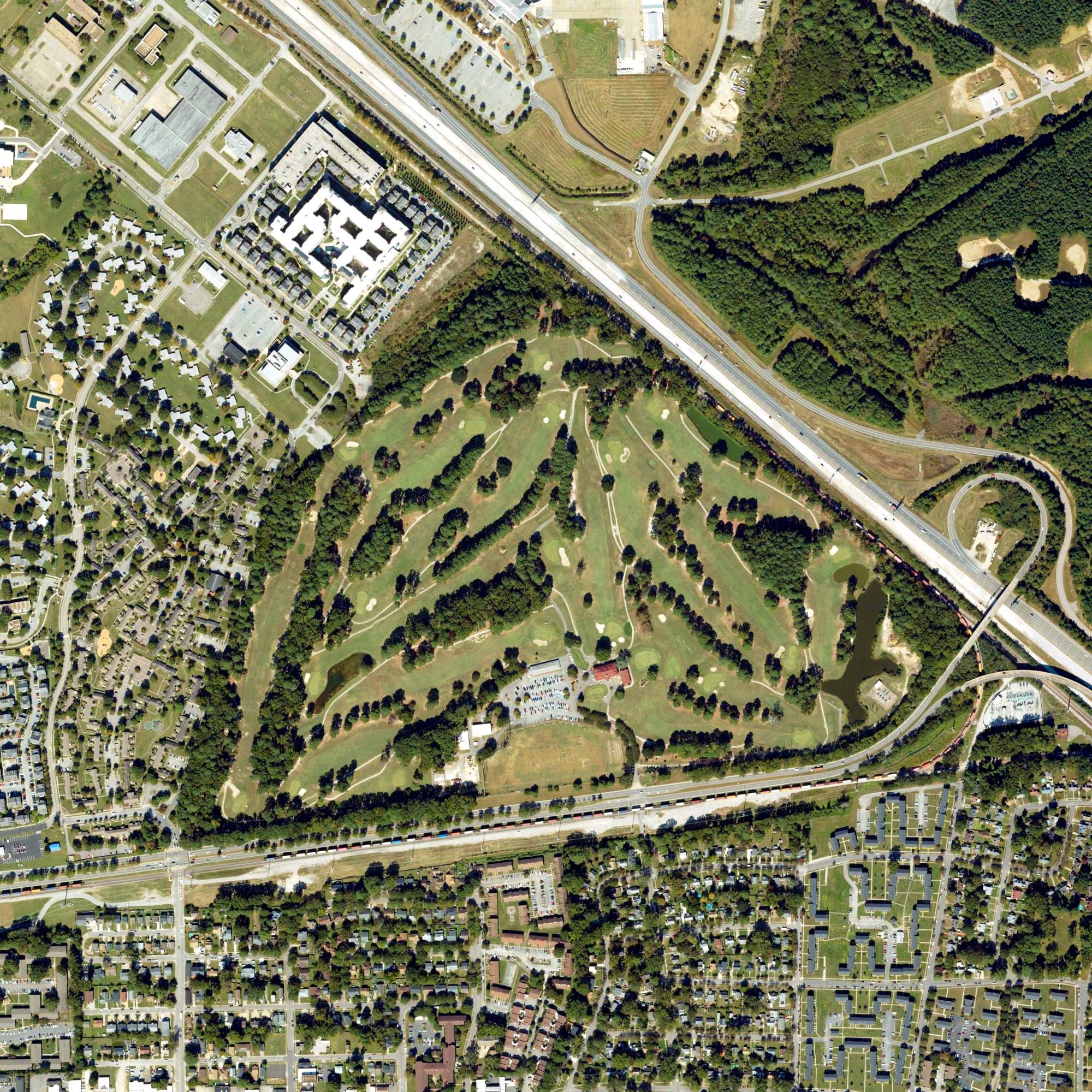 Aerial view of Sewells Point Golf Course, VA, with its hole routing marked