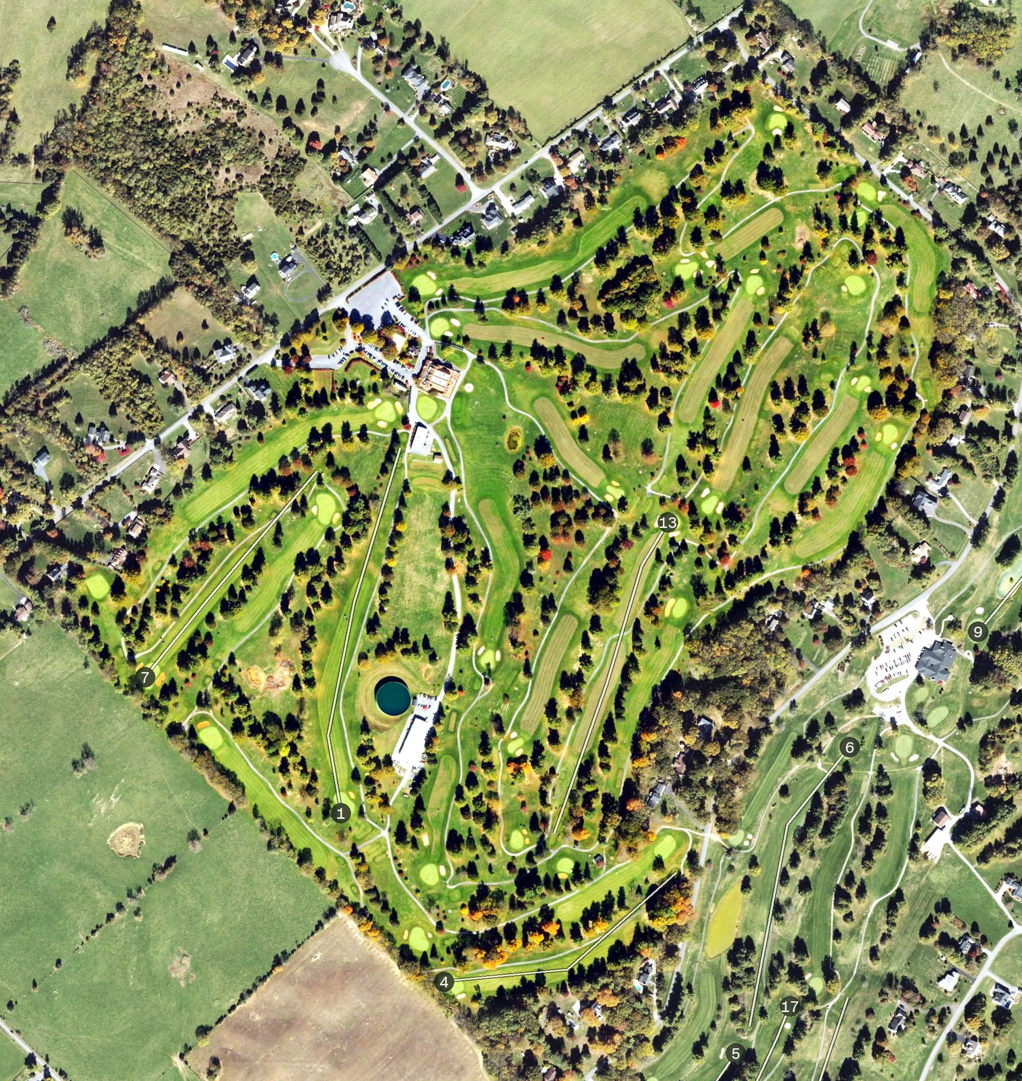 Aerial view of Shenandoah Valley Golf Club, VA, with its hole routing marked