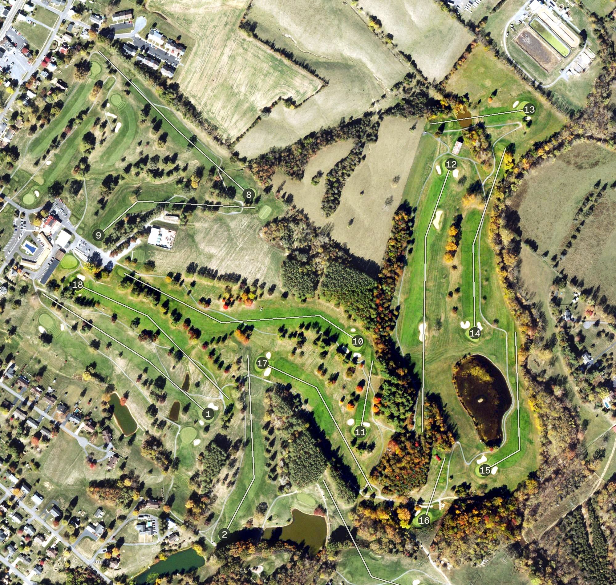 Aerial view of Shenvalee Creek Course, VA, with its hole routing marked