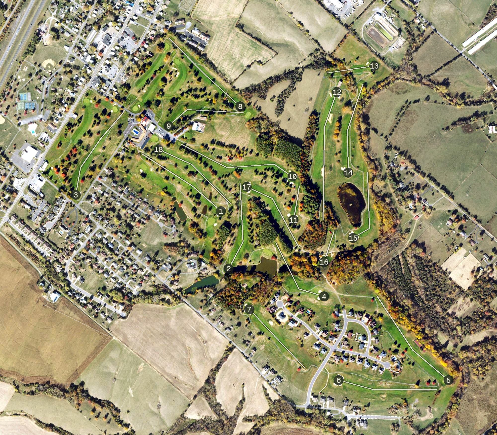 Aerial view of Shenvalee Golf Resort, VA, with its hole routing marked