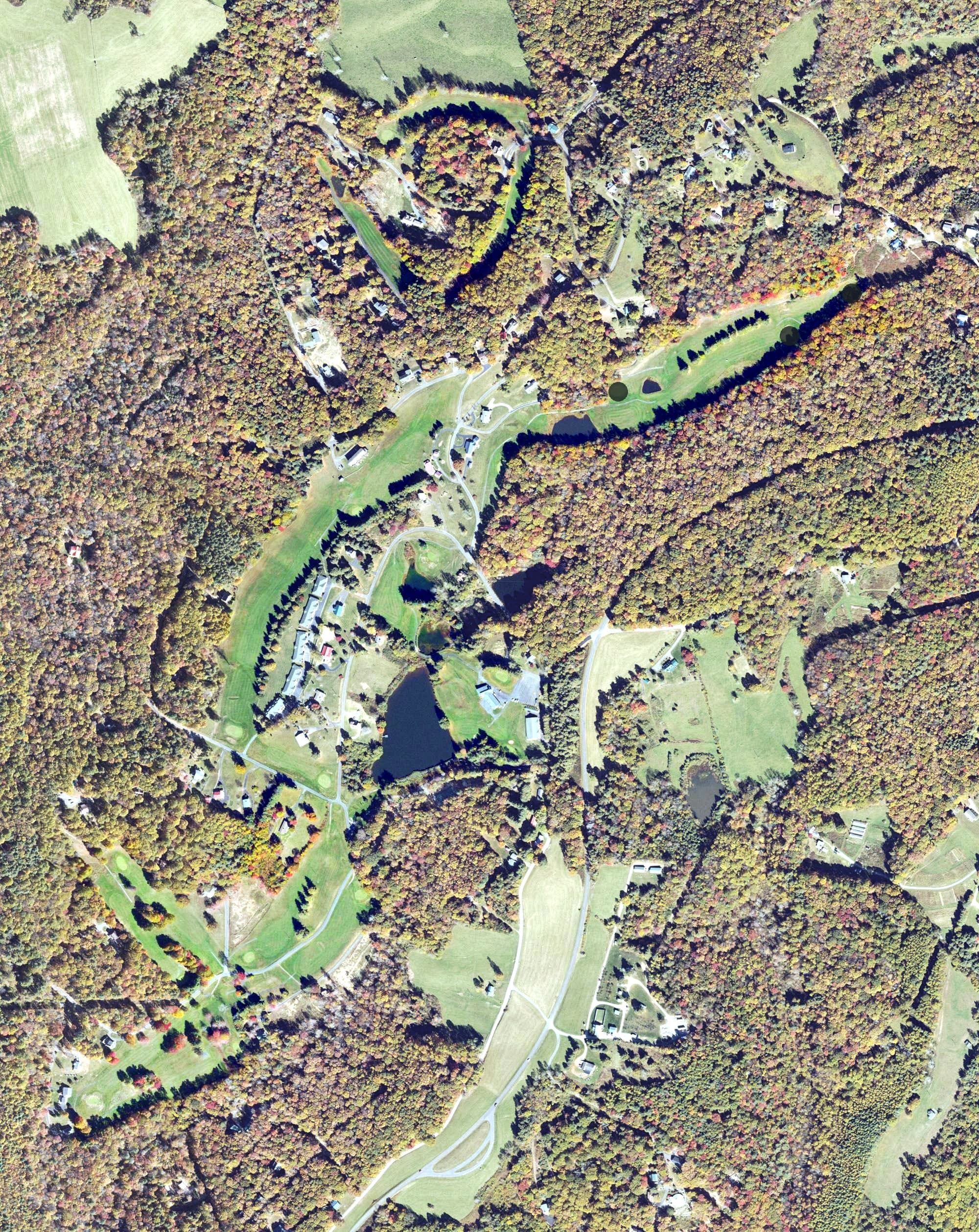 Aerial view of Skyland Lakes Golf Club, VA, with its hole routing marked