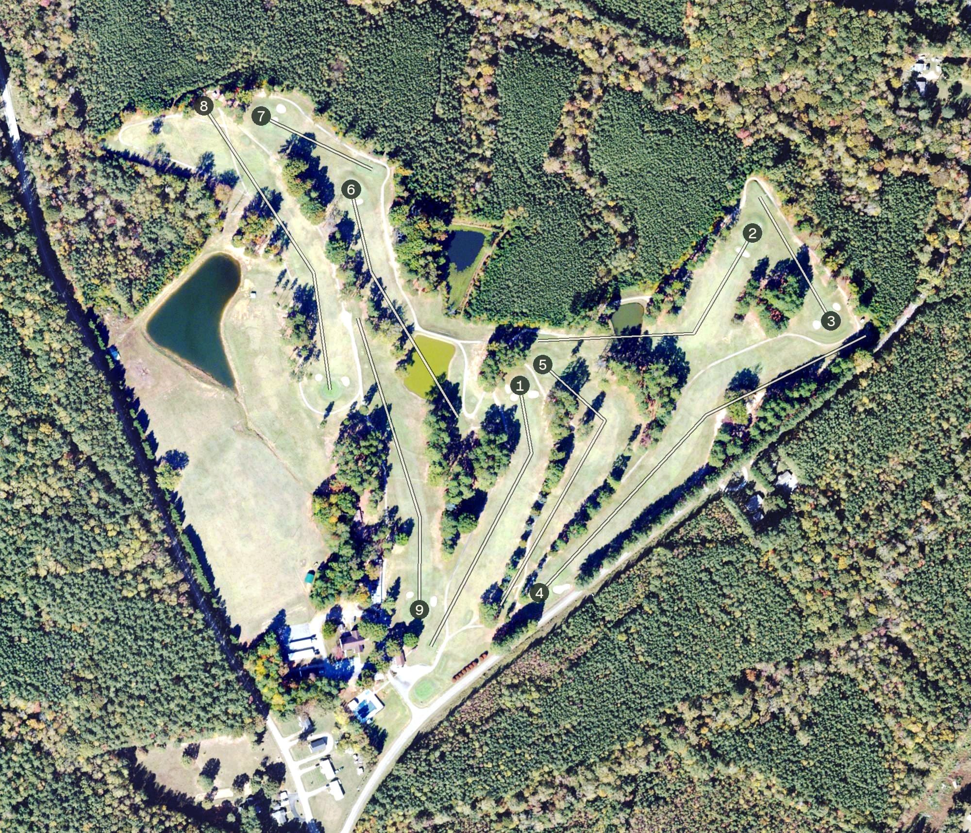 Aerial view of South Hill Country Club, VA, with its hole routing marked