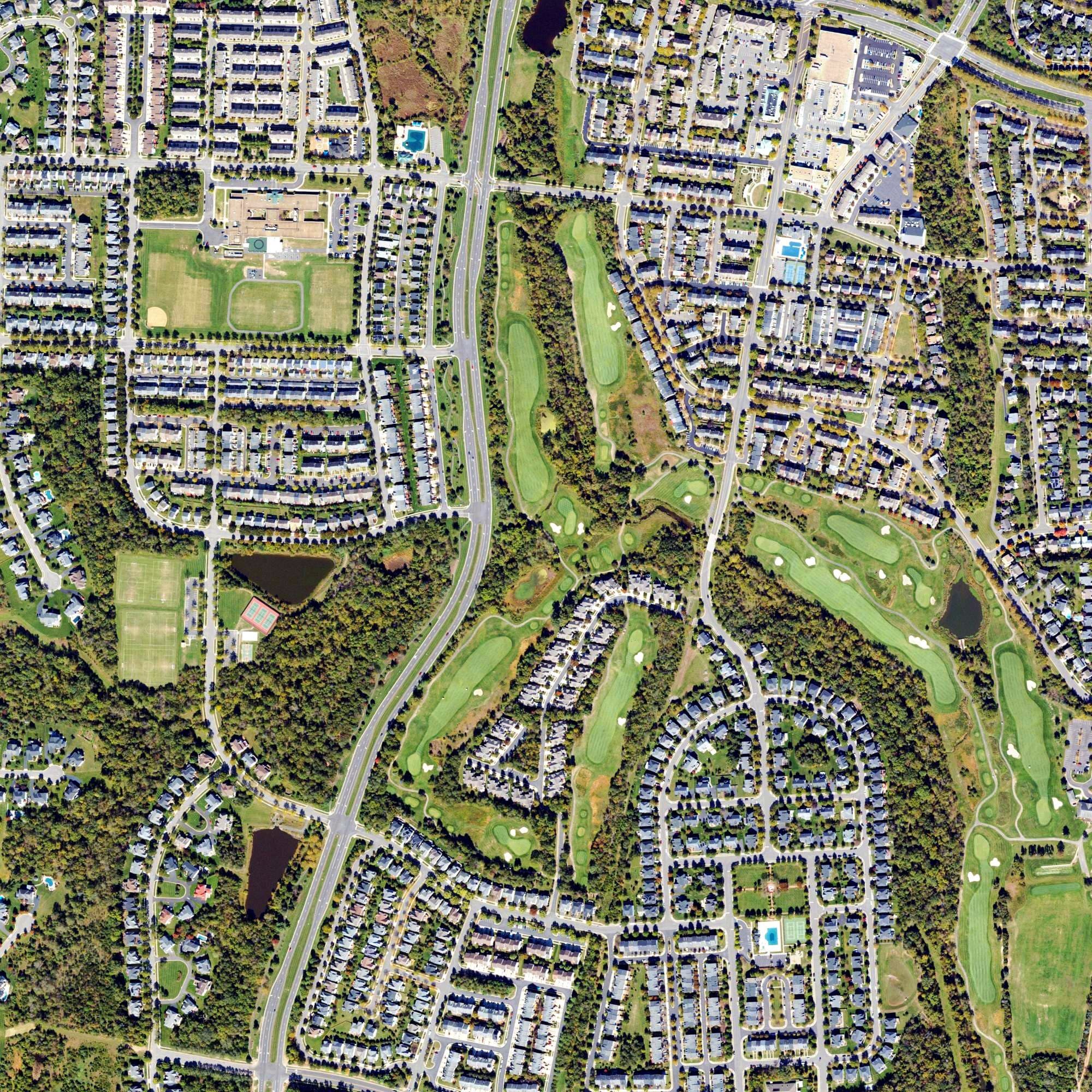 Aerial view of South Riding Golf Course, VA, with its hole routing marked