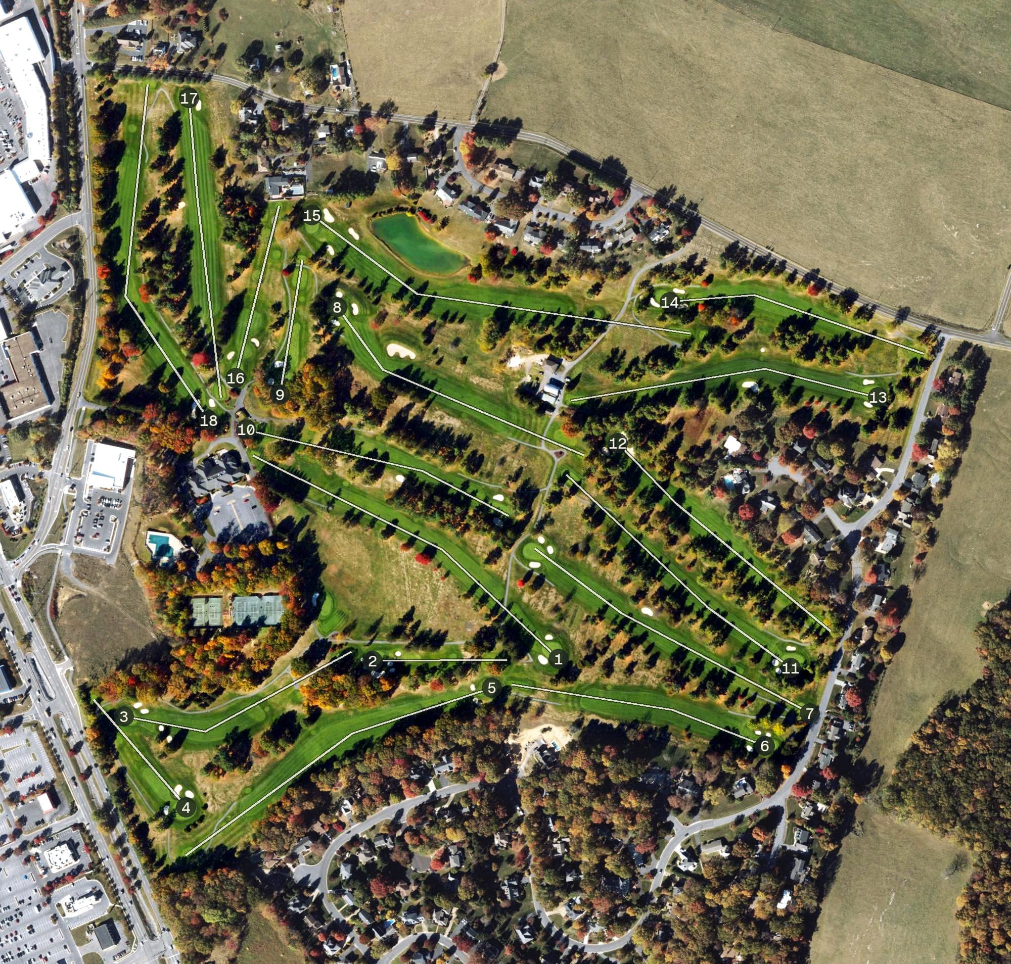 Aerial view of Spotswood Country Club, VA, with its hole routing marked