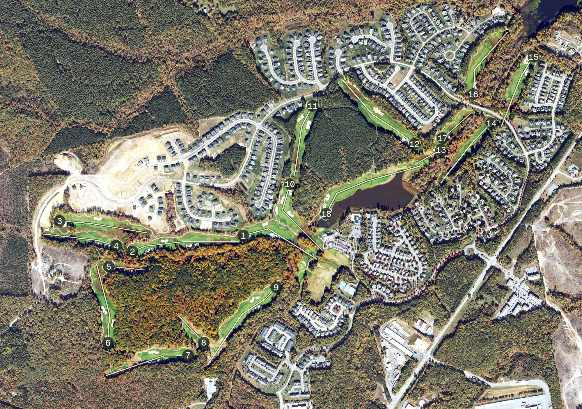 Aerial view of Spring Creek Golf Club, VA, with its hole routing marked