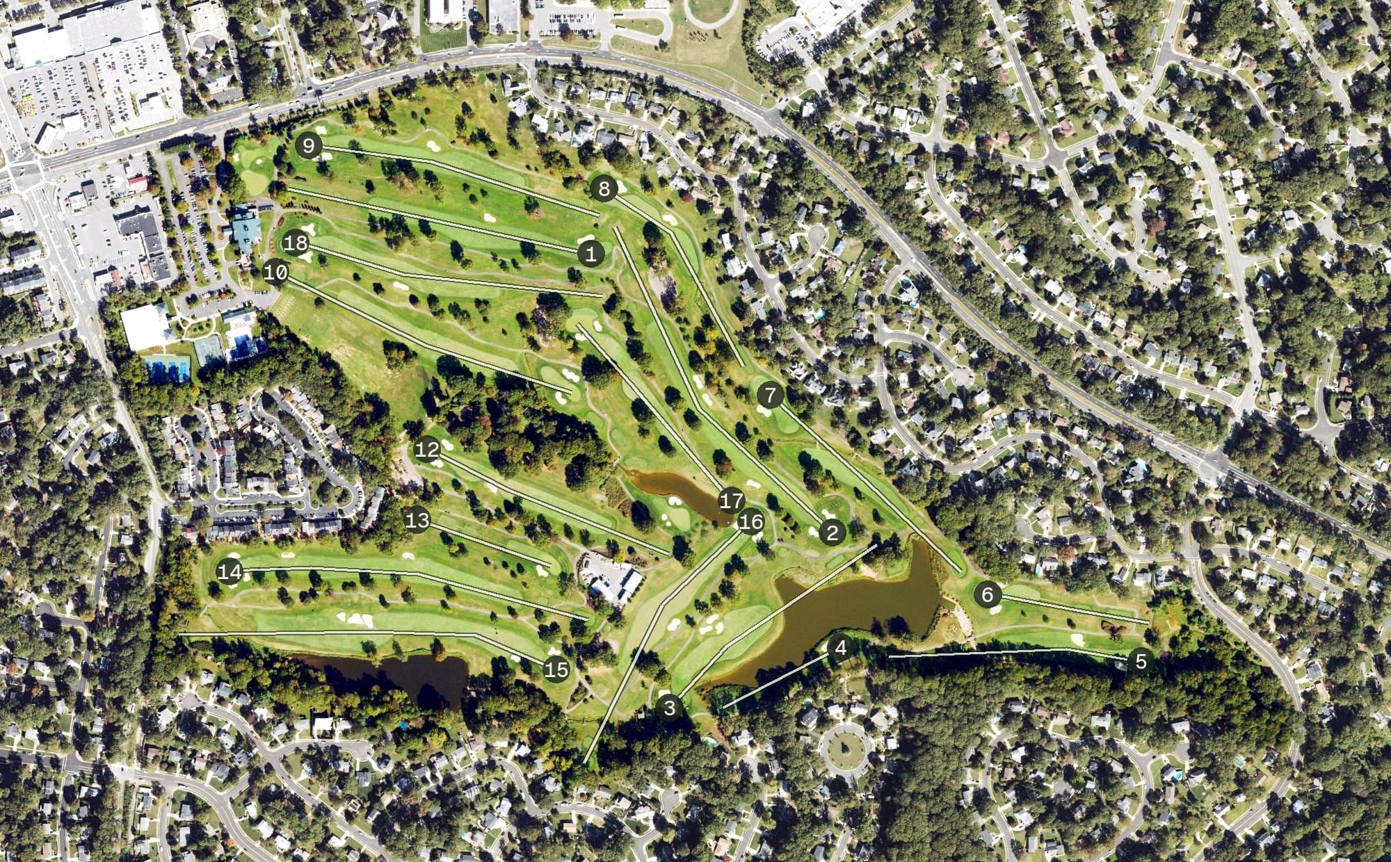 Aerial view of Springfield Country Club, VA, with its hole routing marked