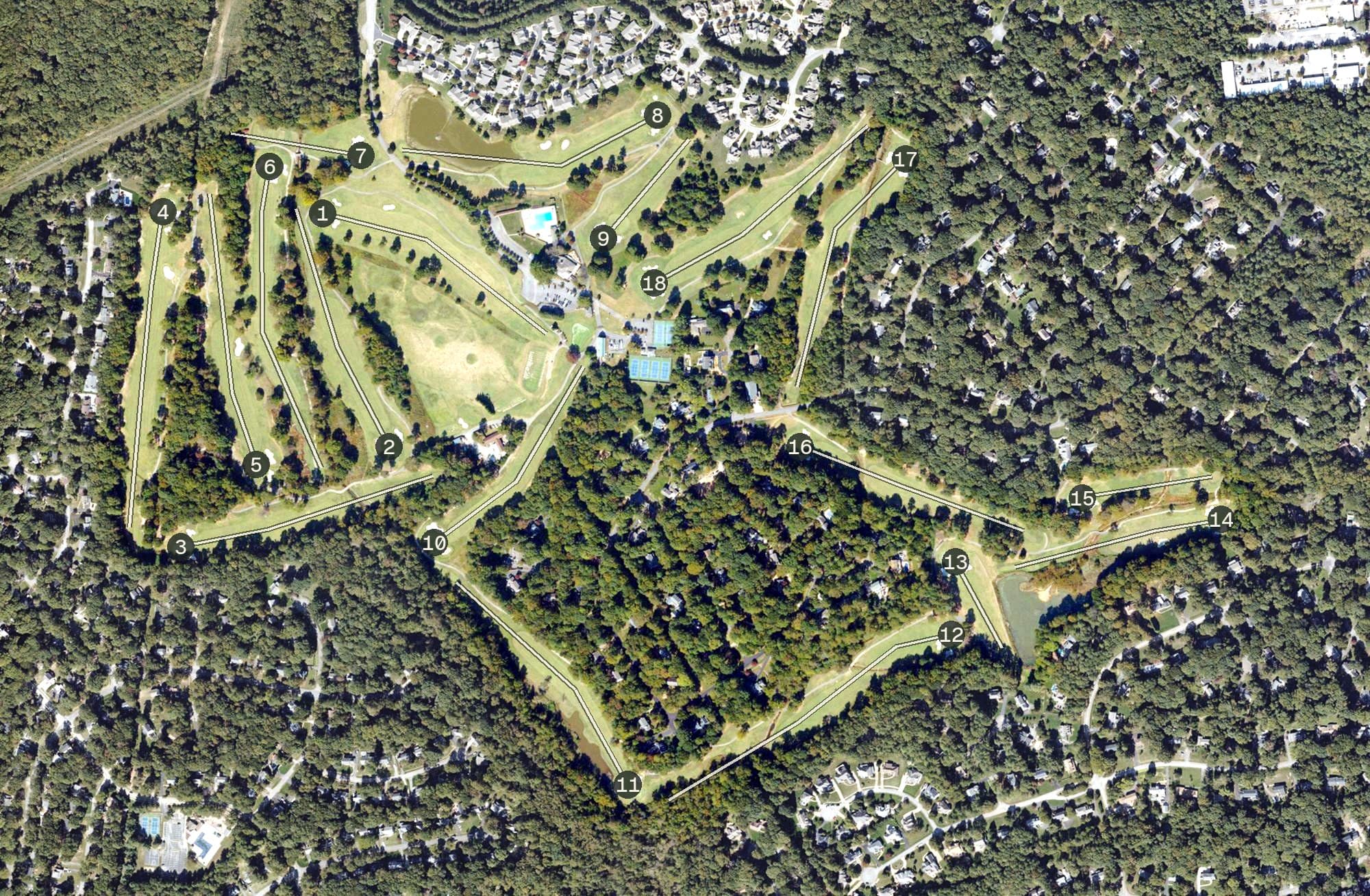 Aerial view of Stonehenge Country Club, VA, with its hole routing marked