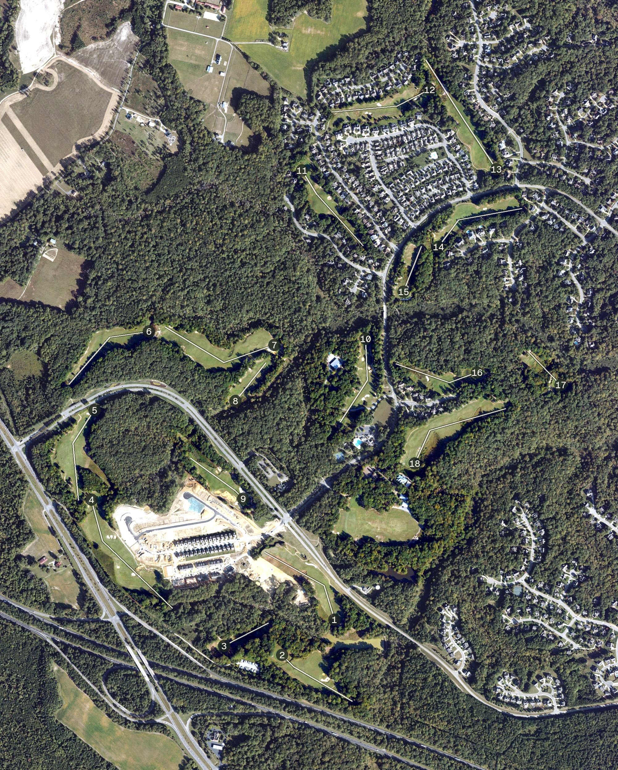 Aerial view of Stonehouse Golf Club, VA, with its hole routing marked