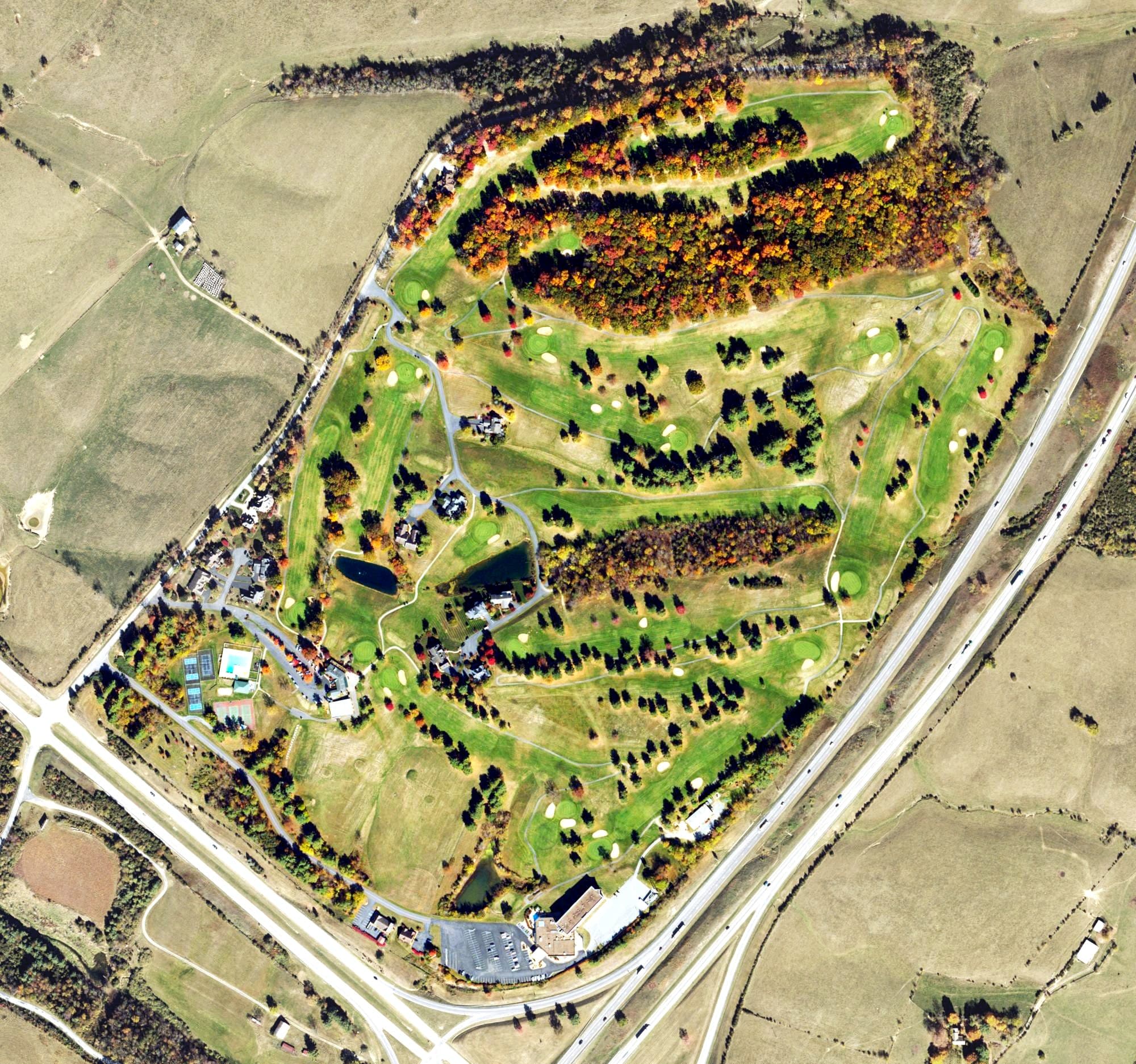 Aerial view of The Club at Ironwood, VA, with its hole routing marked