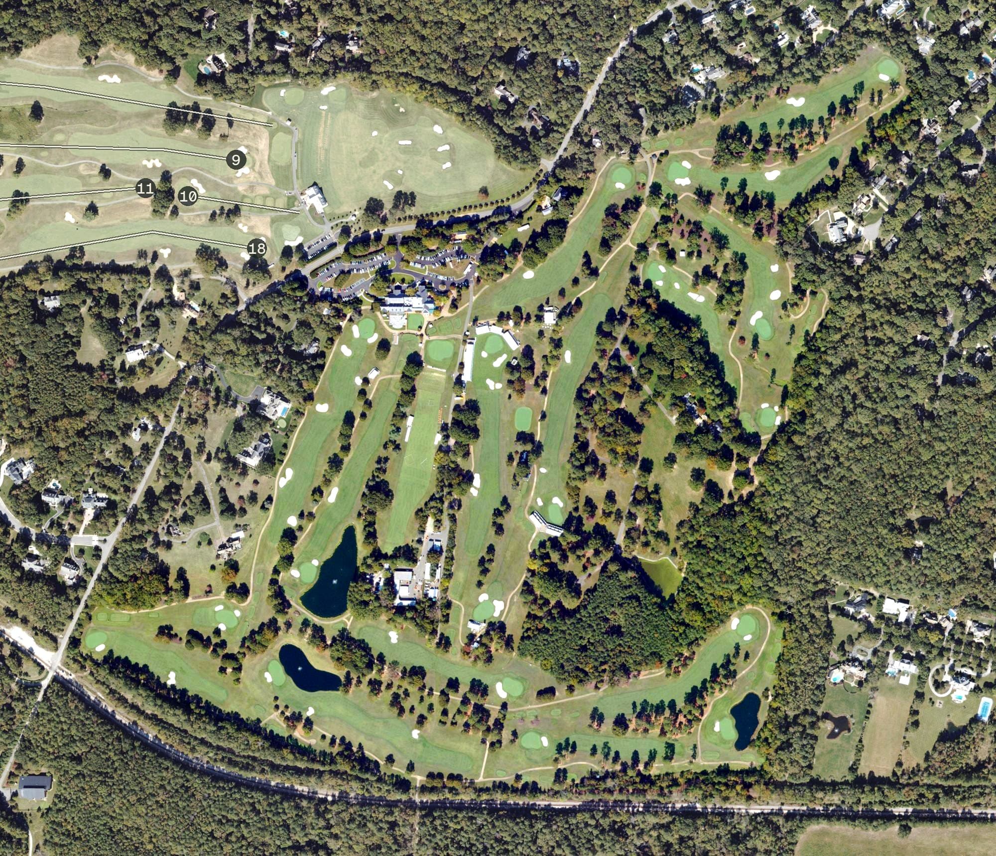 Aerial view of The Country Club of Virginia - James River, VA, with its hole routing marked