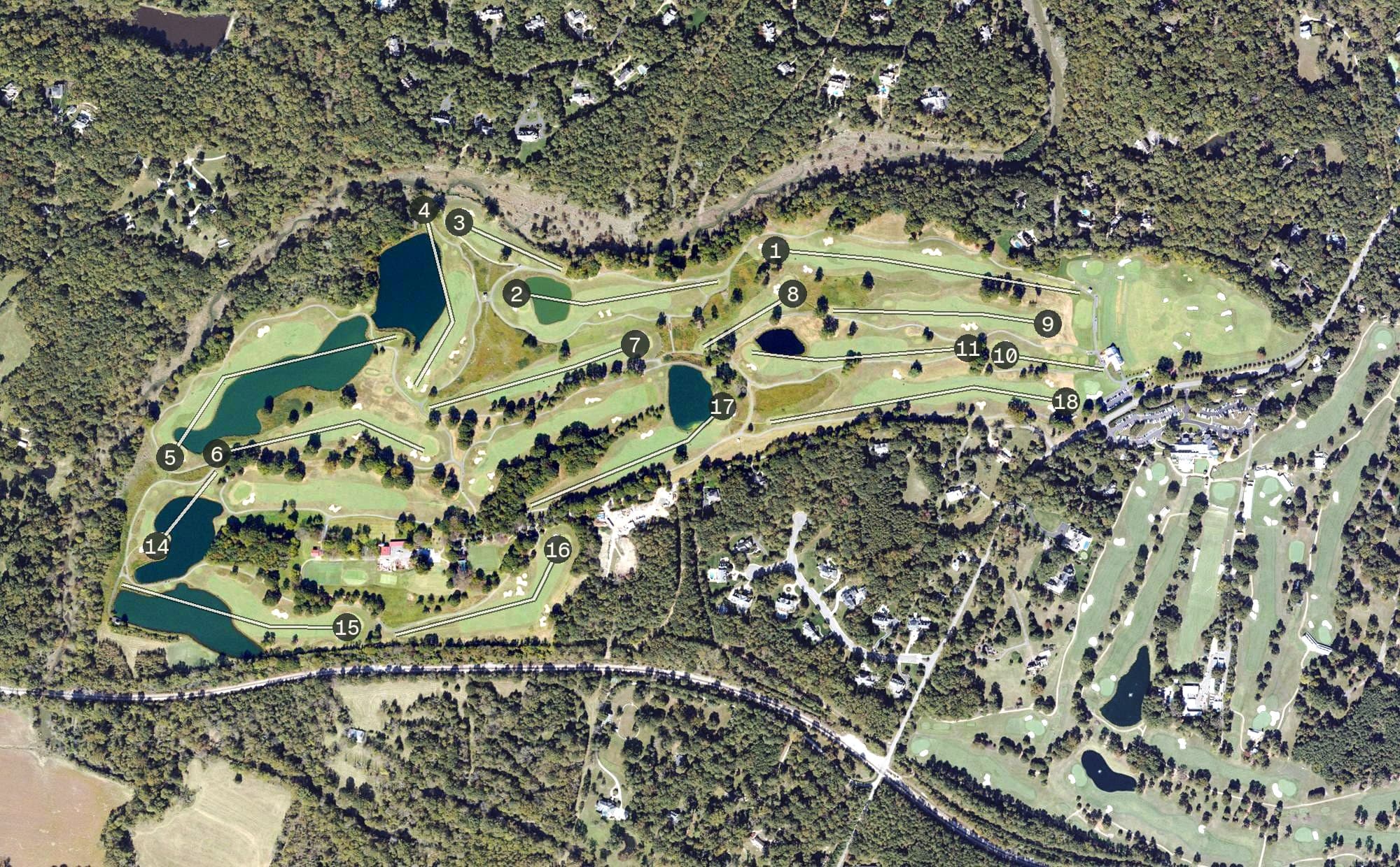 Aerial view of The Country Club of Virginia - Tuckahoe Creek, VA, with its hole routing marked