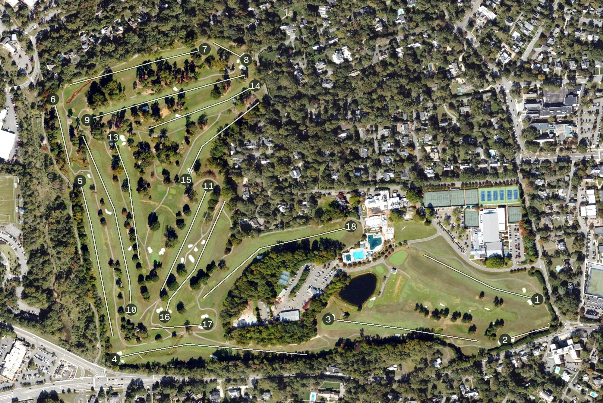 Aerial view of The Country Club of Virginia - Westhampton, VA, with its hole routing marked