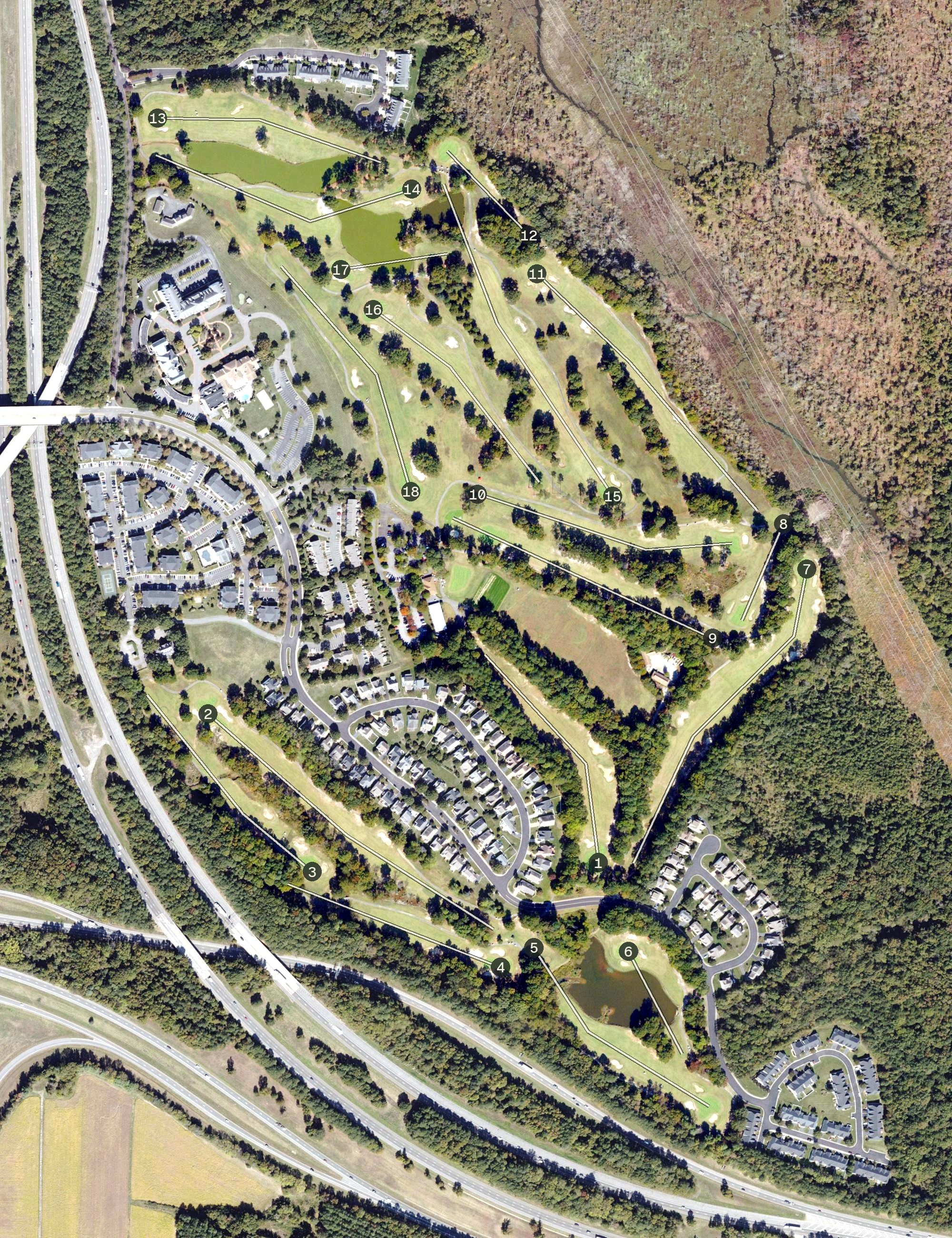 Aerial view of The Crossings Golf Club, VA, with its hole routing marked