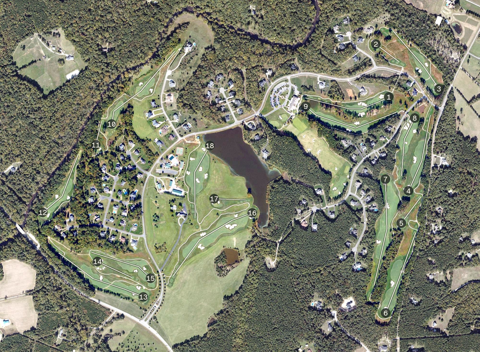 Aerial view of The Federal Club, VA, with its hole routing marked