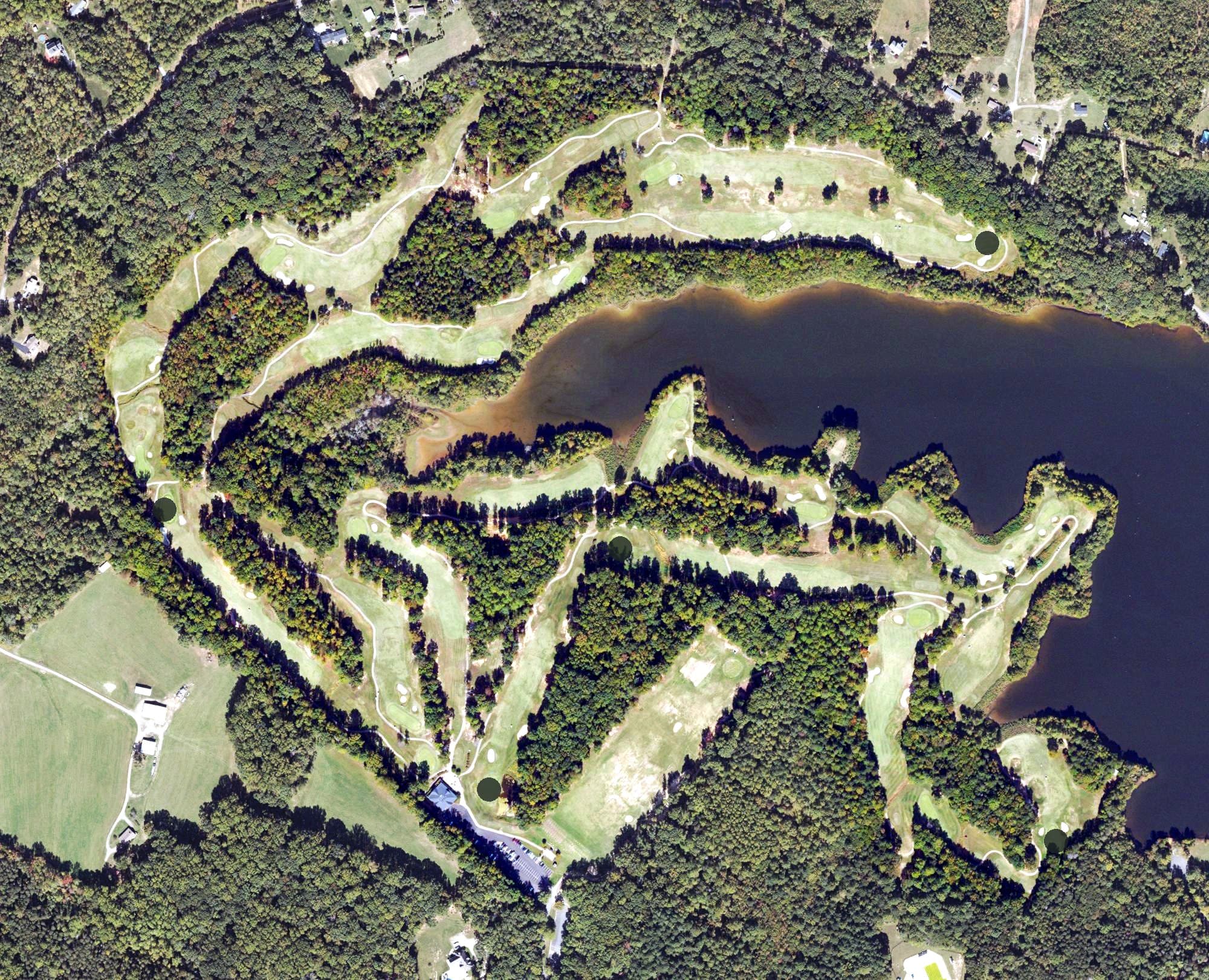 Aerial view of The Gauntlet Golf Club, VA, with its hole routing marked