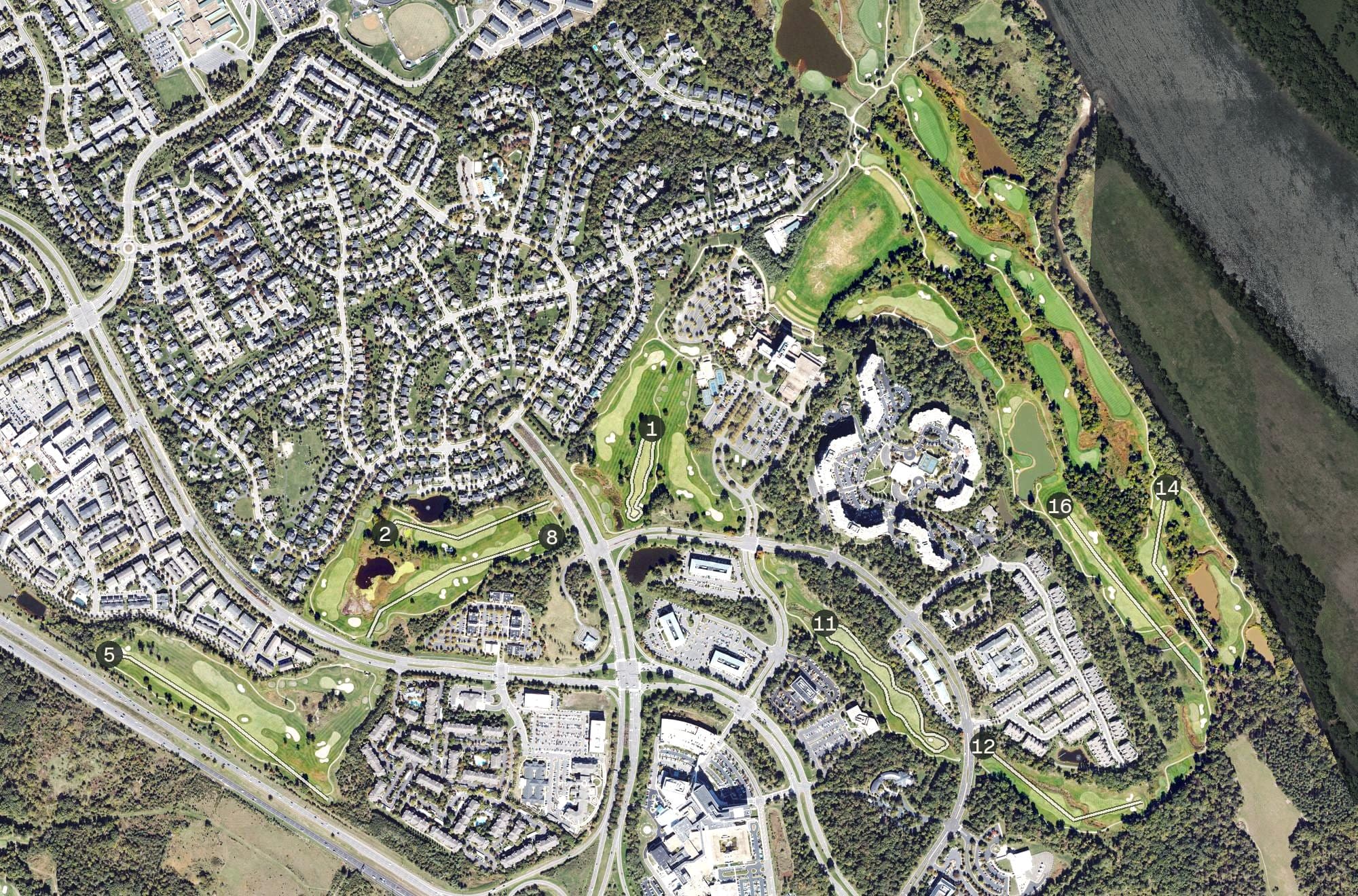 Aerial view of The Golf Club at Lansdowne, VA, with its hole routing marked