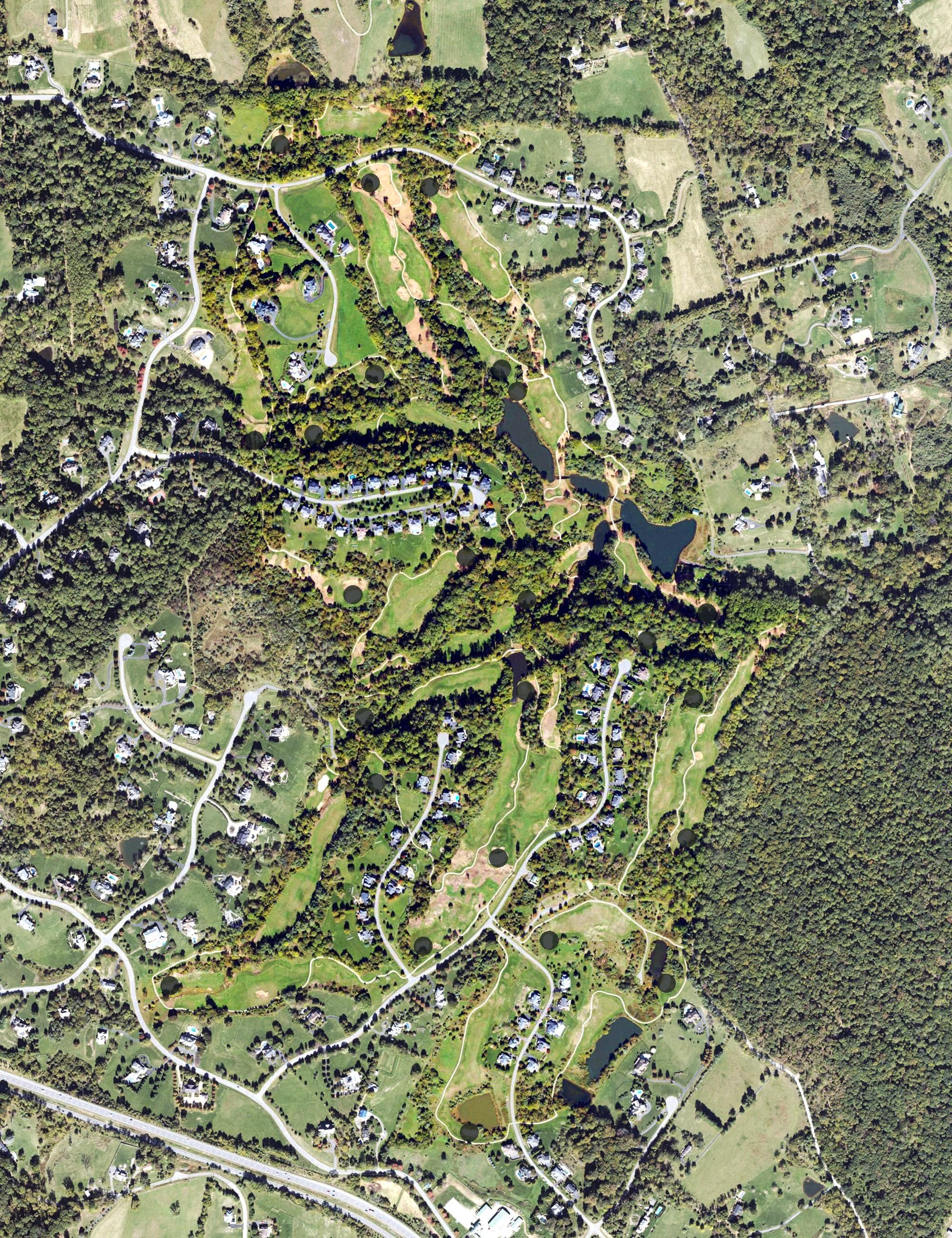 Aerial view of The Golf Club of Virginia at Beacon Hill, VA, with its hole routing marked