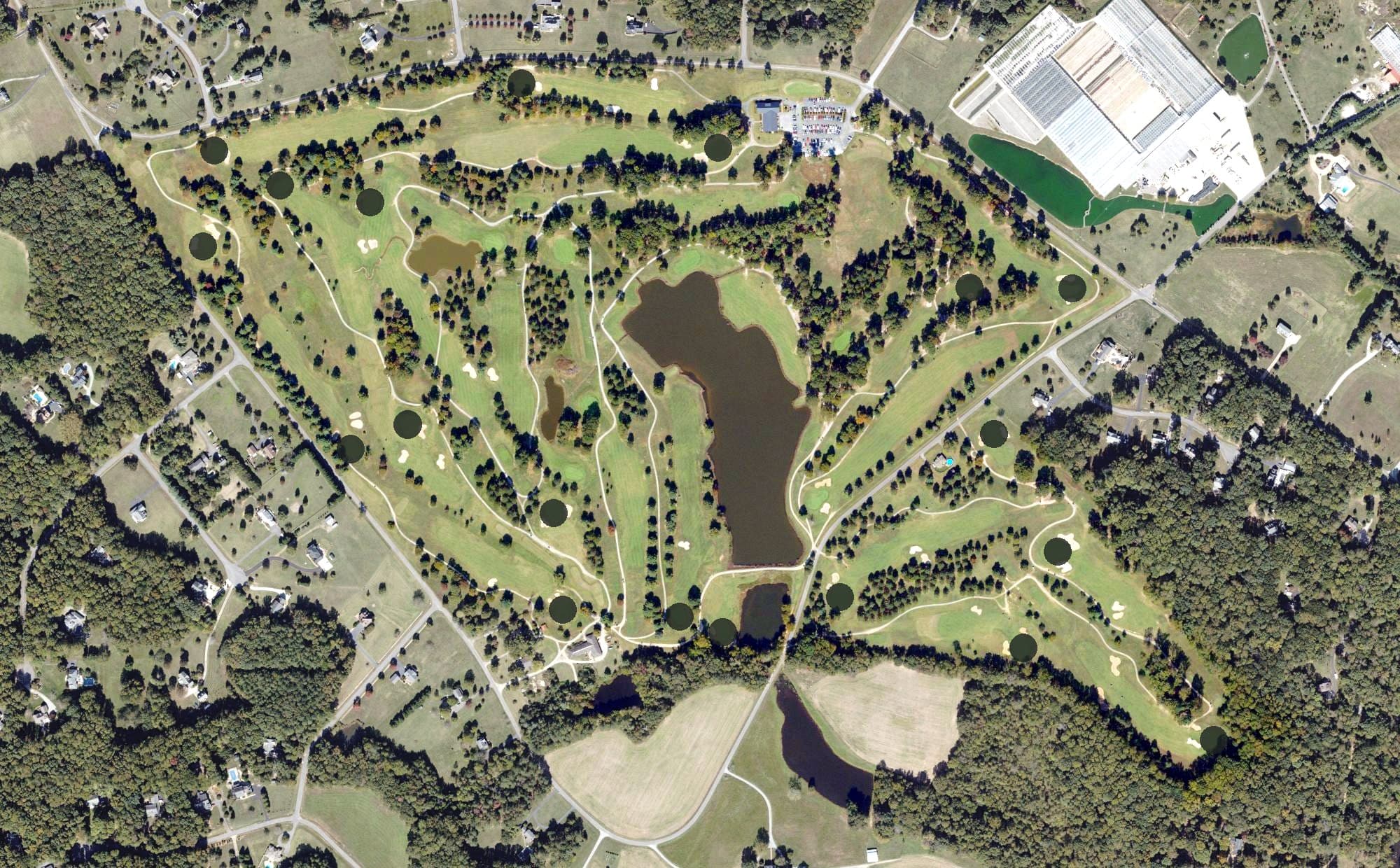 Aerial view of The Hollows Golf Club, VA, with its hole routing marked