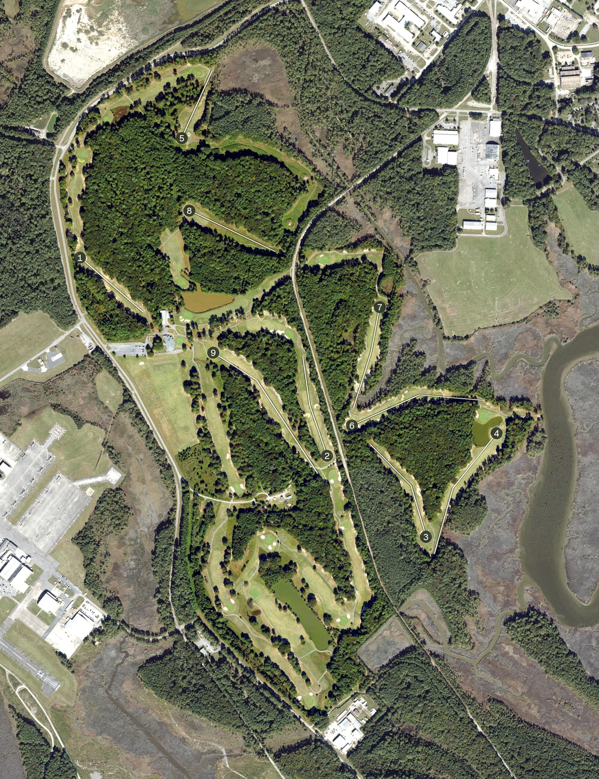 Aerial view of The Pines Golf Course, VA, with its hole routing marked