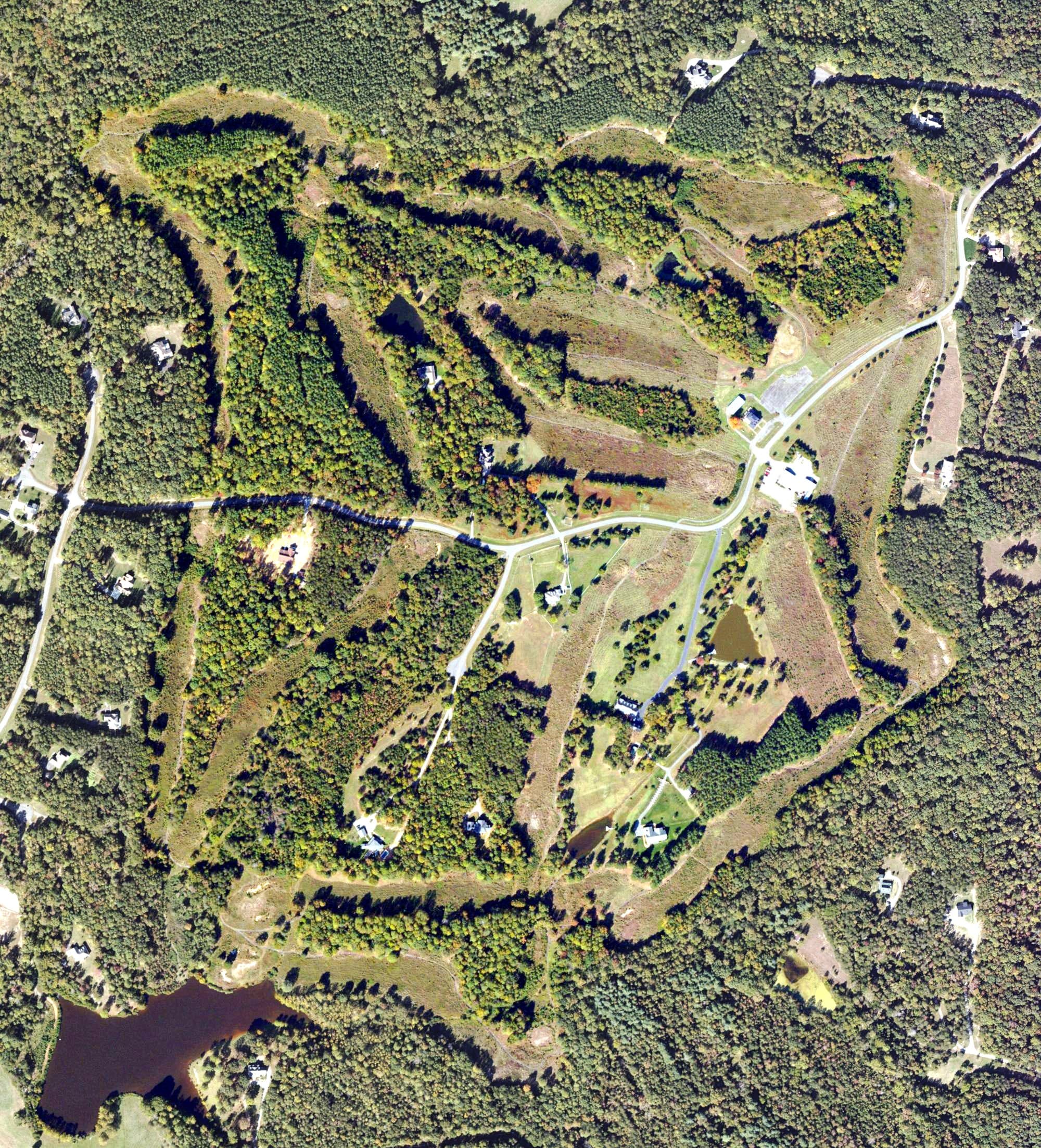 Aerial view of The Royal Virginian Golf Course, VA, with its hole routing marked