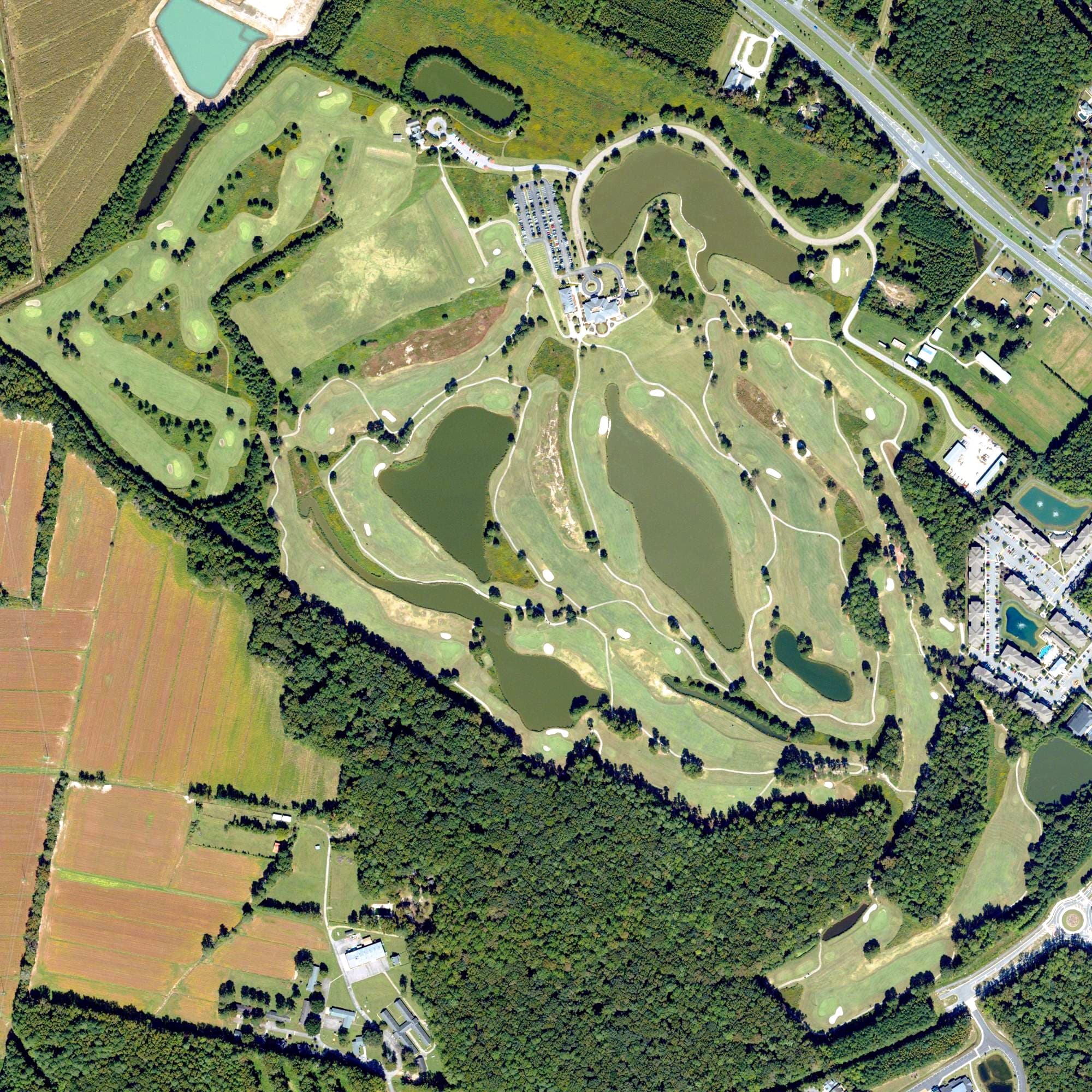 Aerial view of Virginia Beach National Golf Club, VA, with its hole routing marked