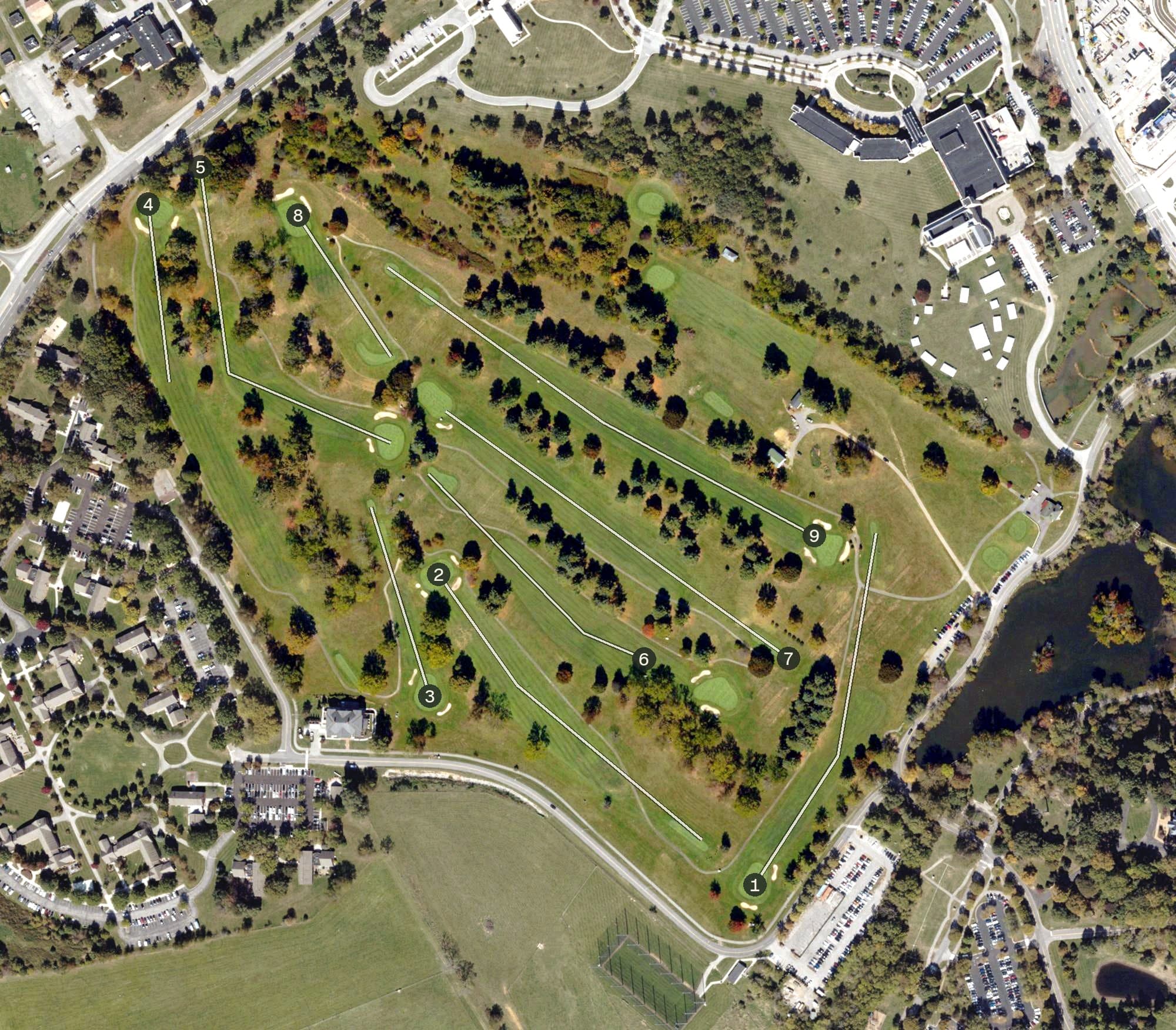 Aerial view of Virginia Tech Golf Course, VA, with its hole routing marked