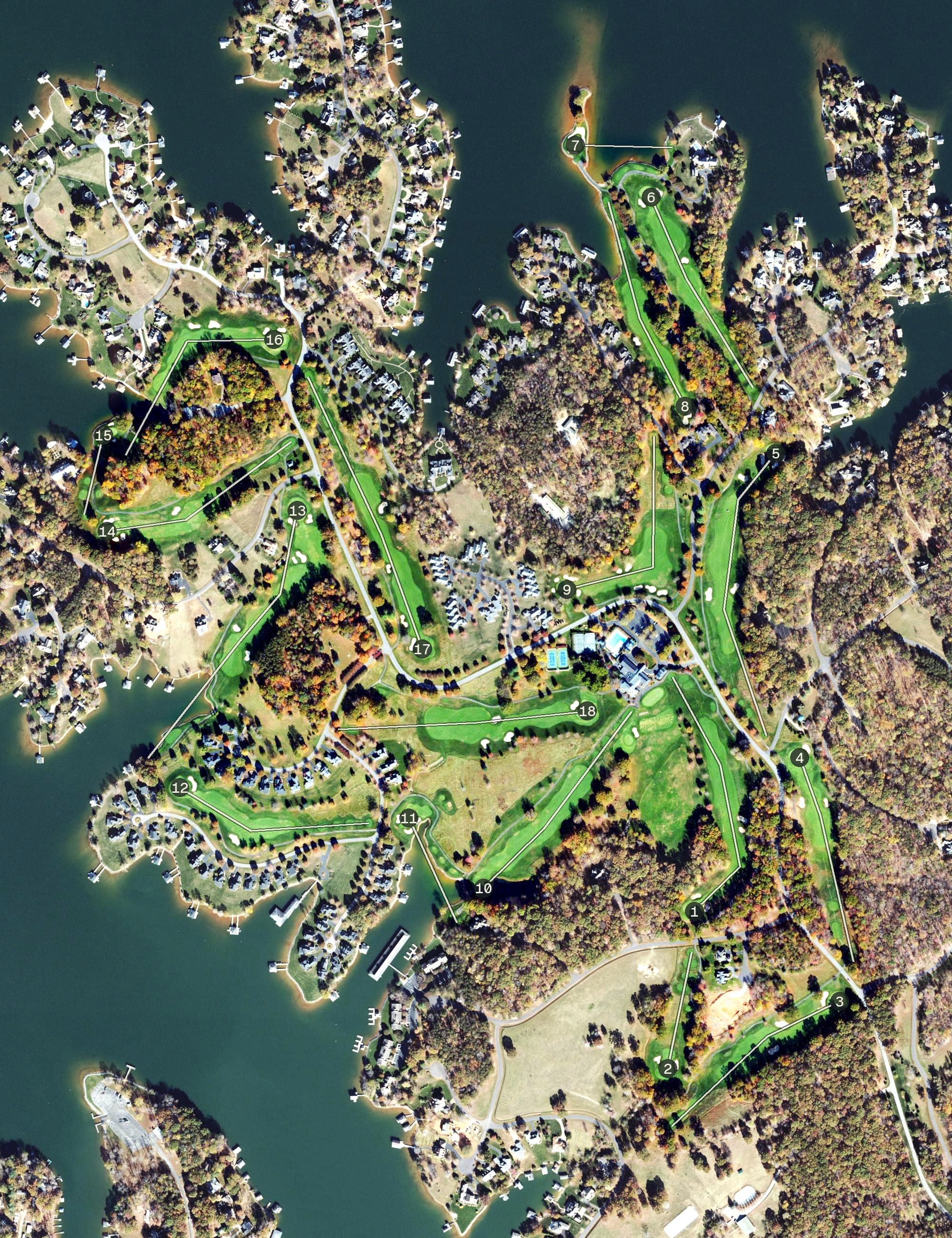 Aerial view of Water's Edge Country Club, VA, with its hole routing marked