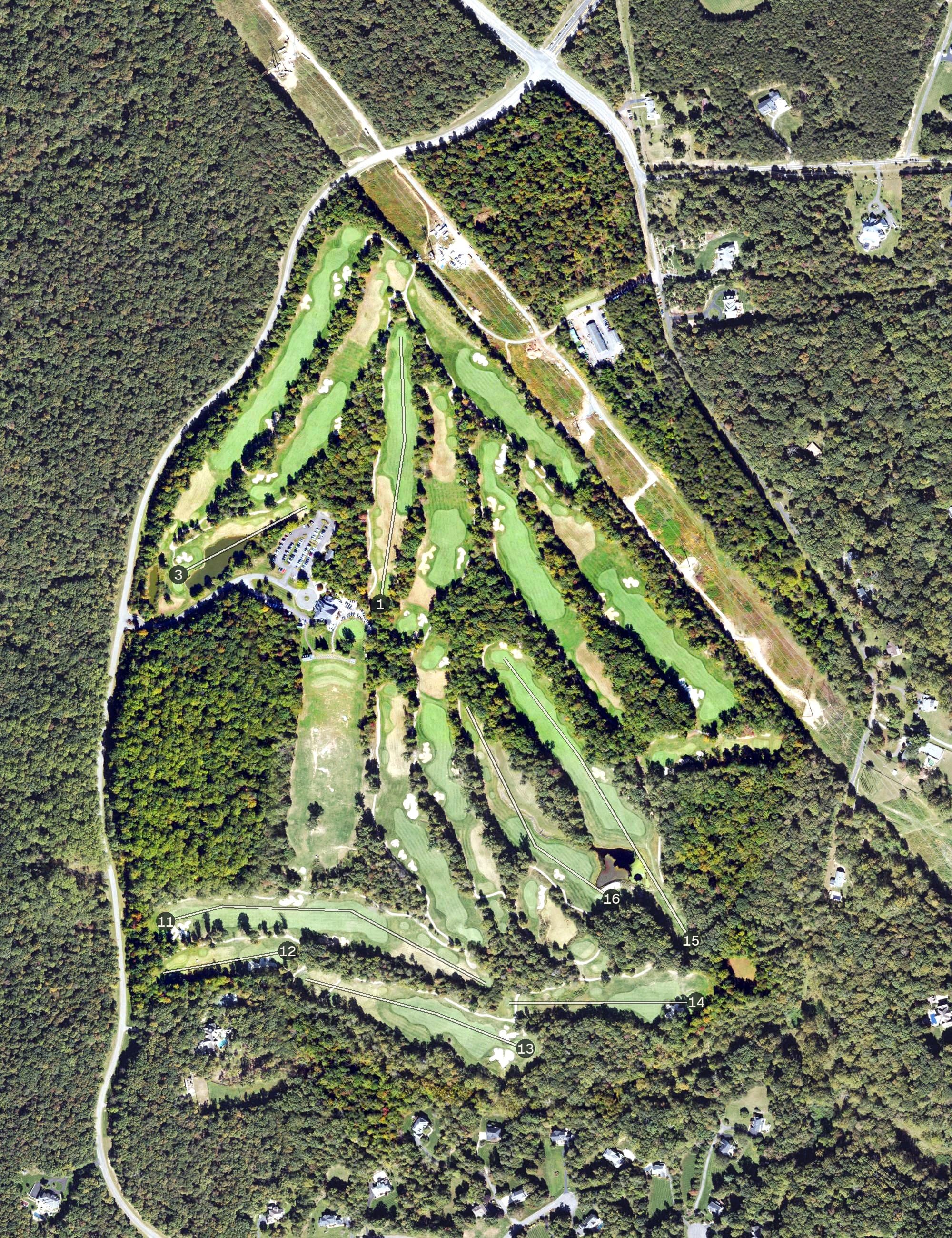 Aerial view of Westfields Golf Club, VA, with its hole routing marked
