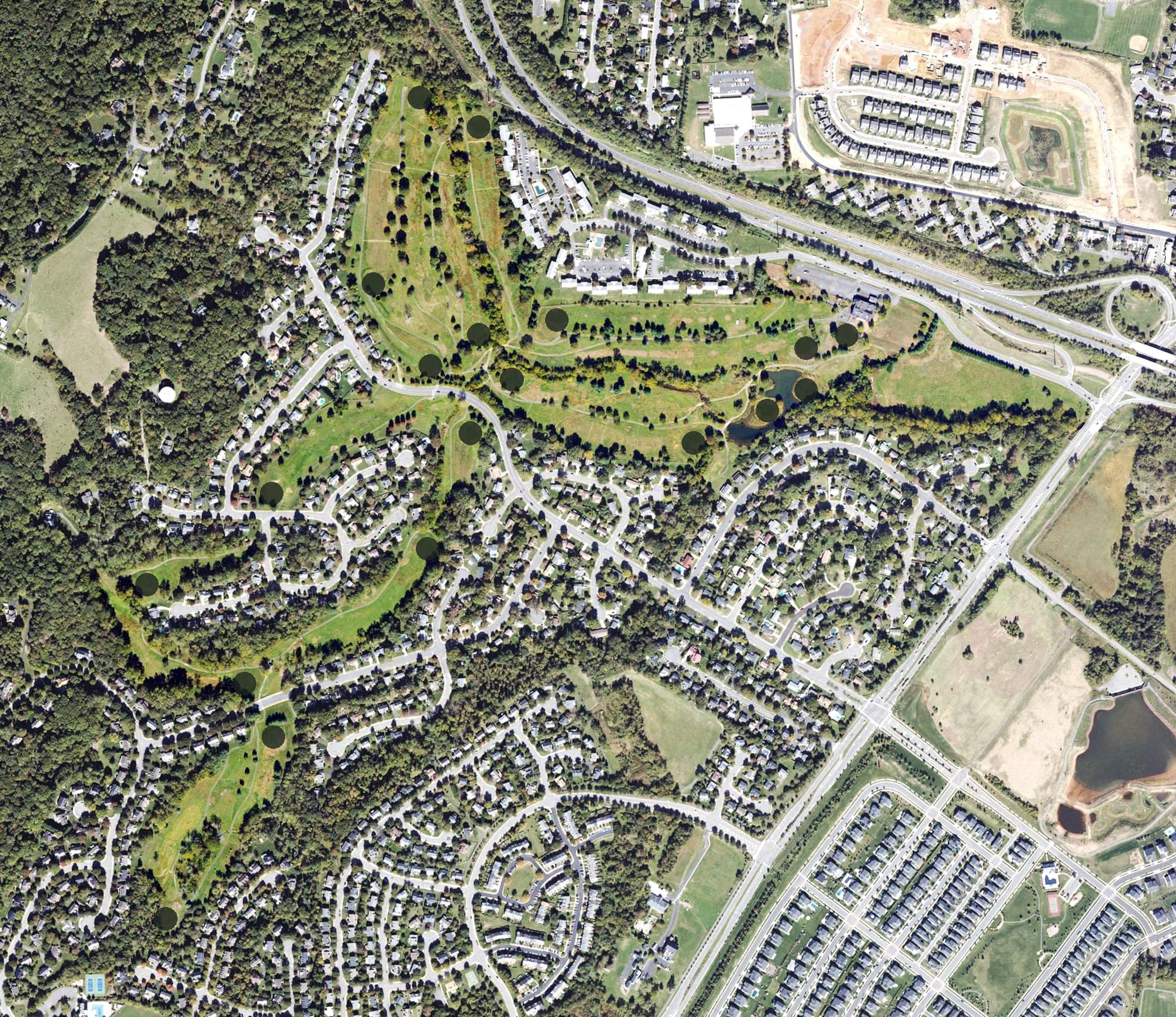 Aerial view of Westpark Golf Club, VA, with its hole routing marked