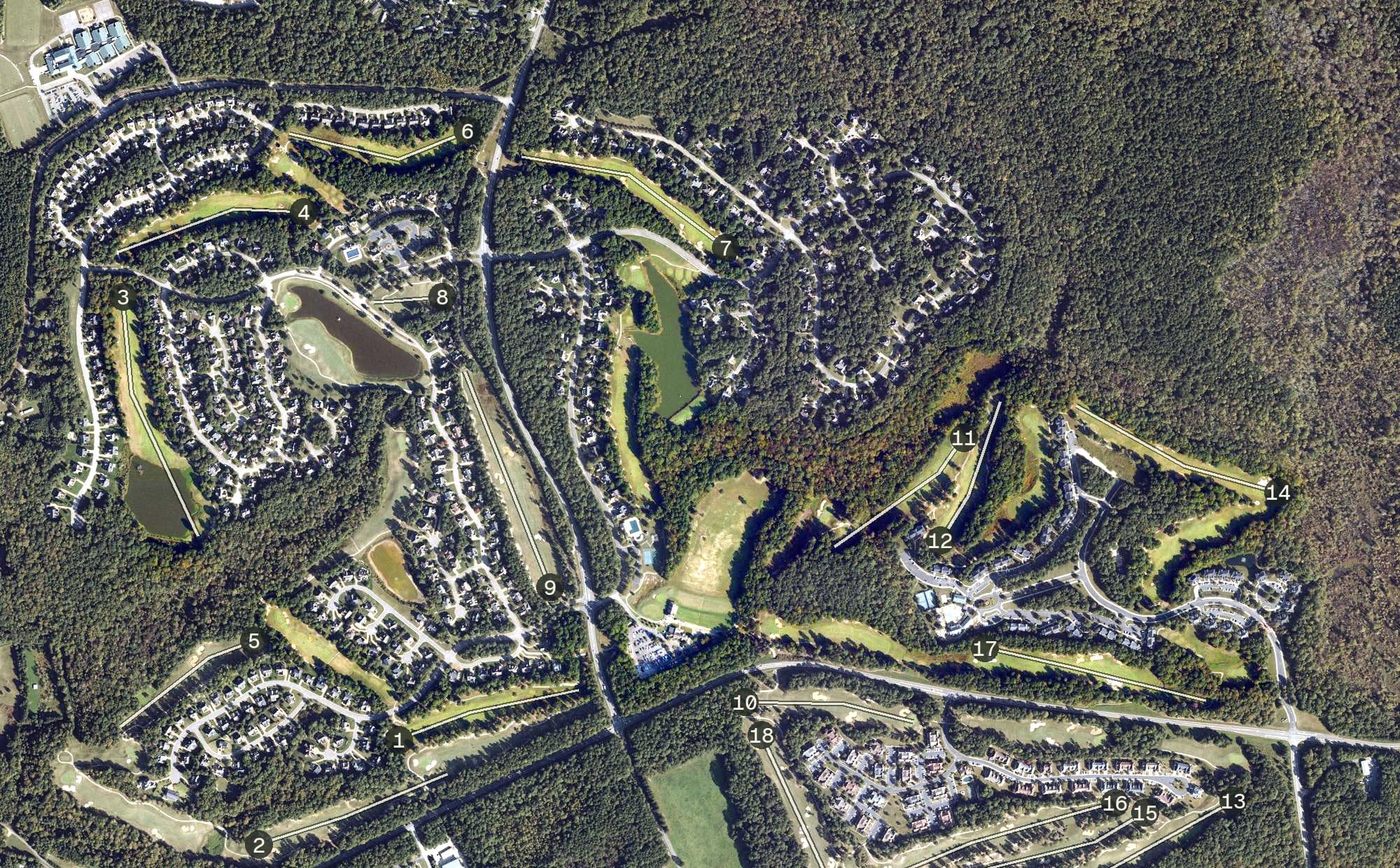 Aerial view of Williamsburg National Golf Club - The Jamestown Course, VA, with its hole routing marked