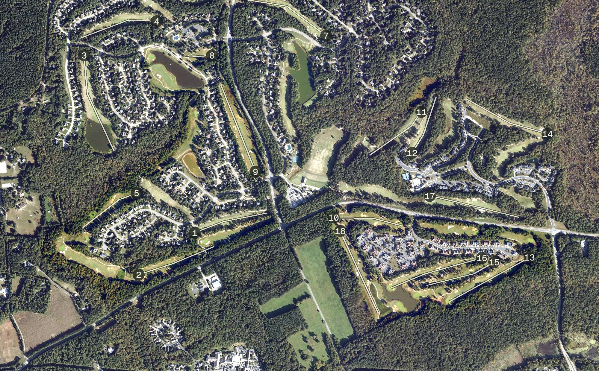 Aerial view of Williamsburg National Golf Club - The Yorktown Course, VA, with its hole routing marked