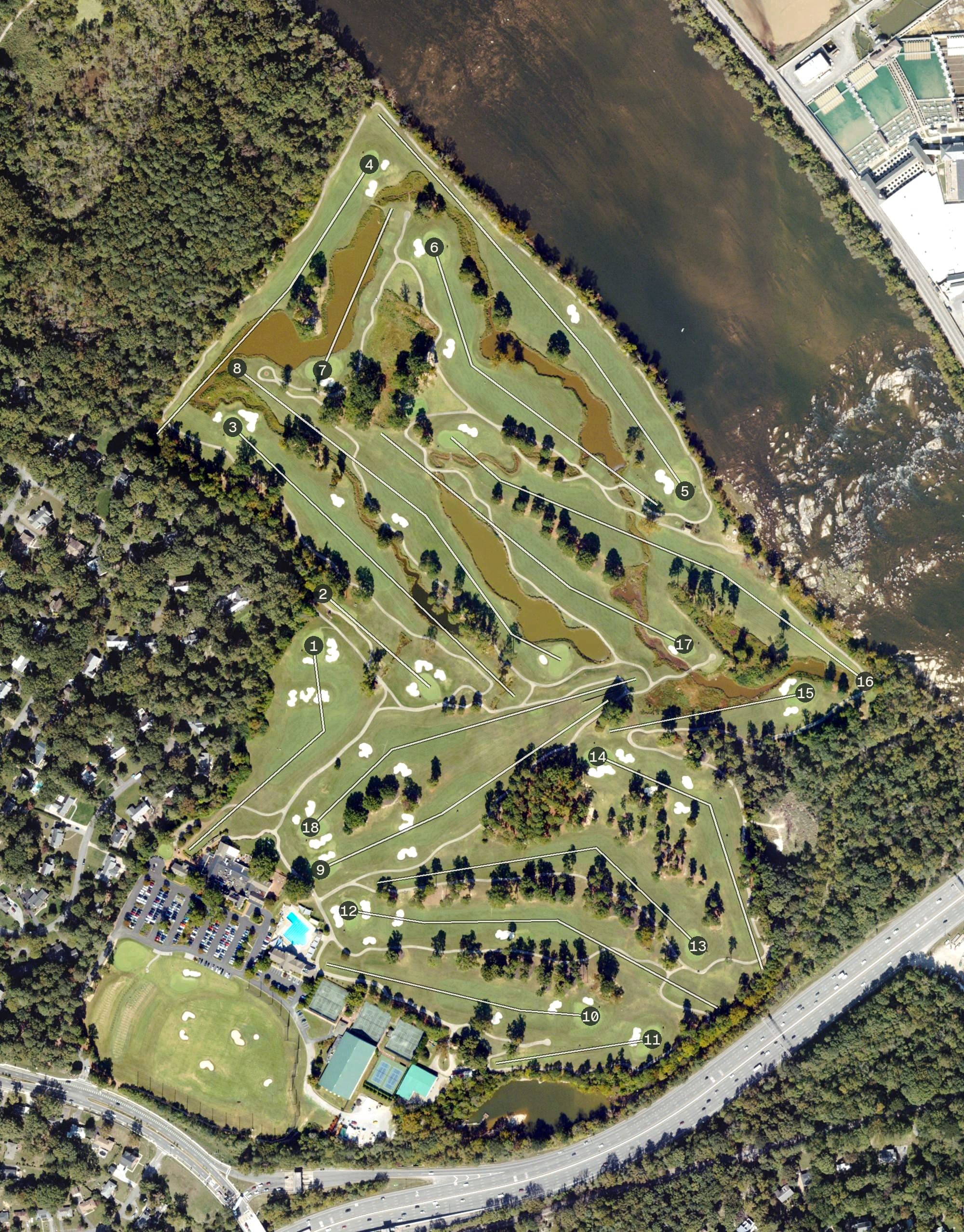 Aerial view of Willow Oaks Country Club, VA, with its hole routing marked