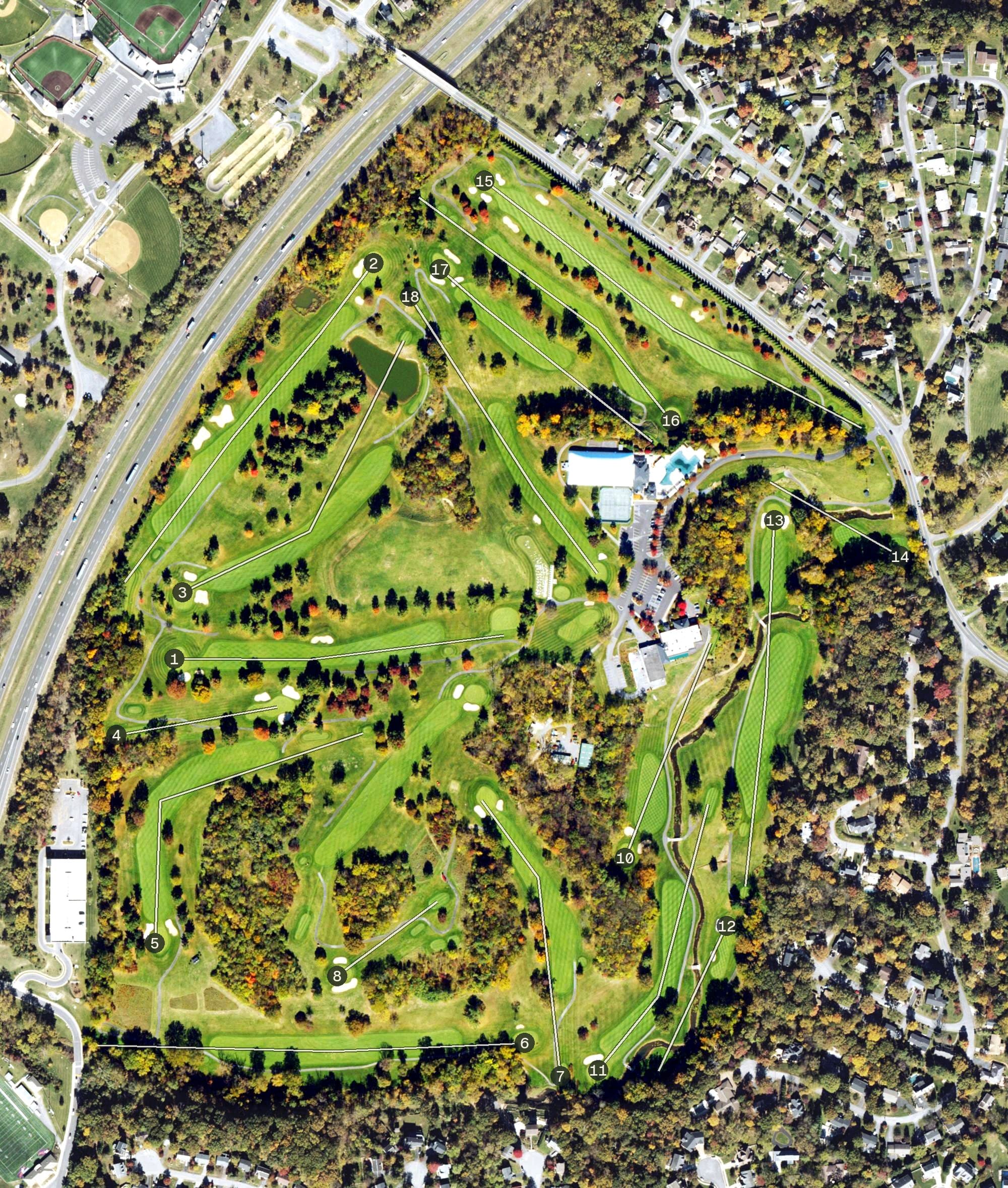 Aerial view of Winchester Country Club, VA, with its hole routing marked