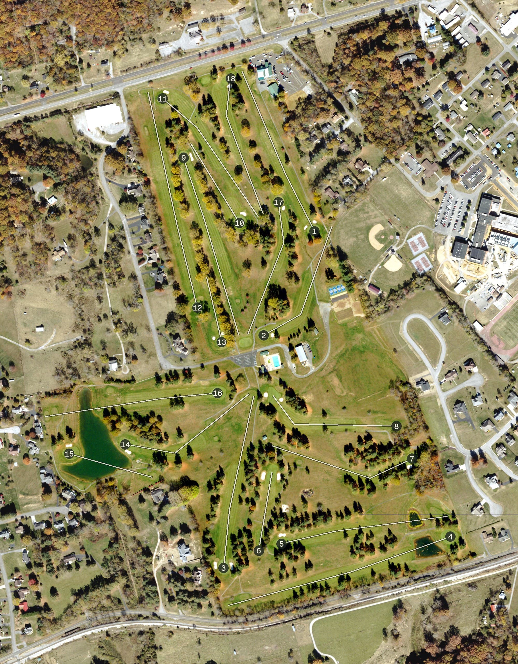 Aerial view of Wytheville Golf Club, VA, with its hole routing marked