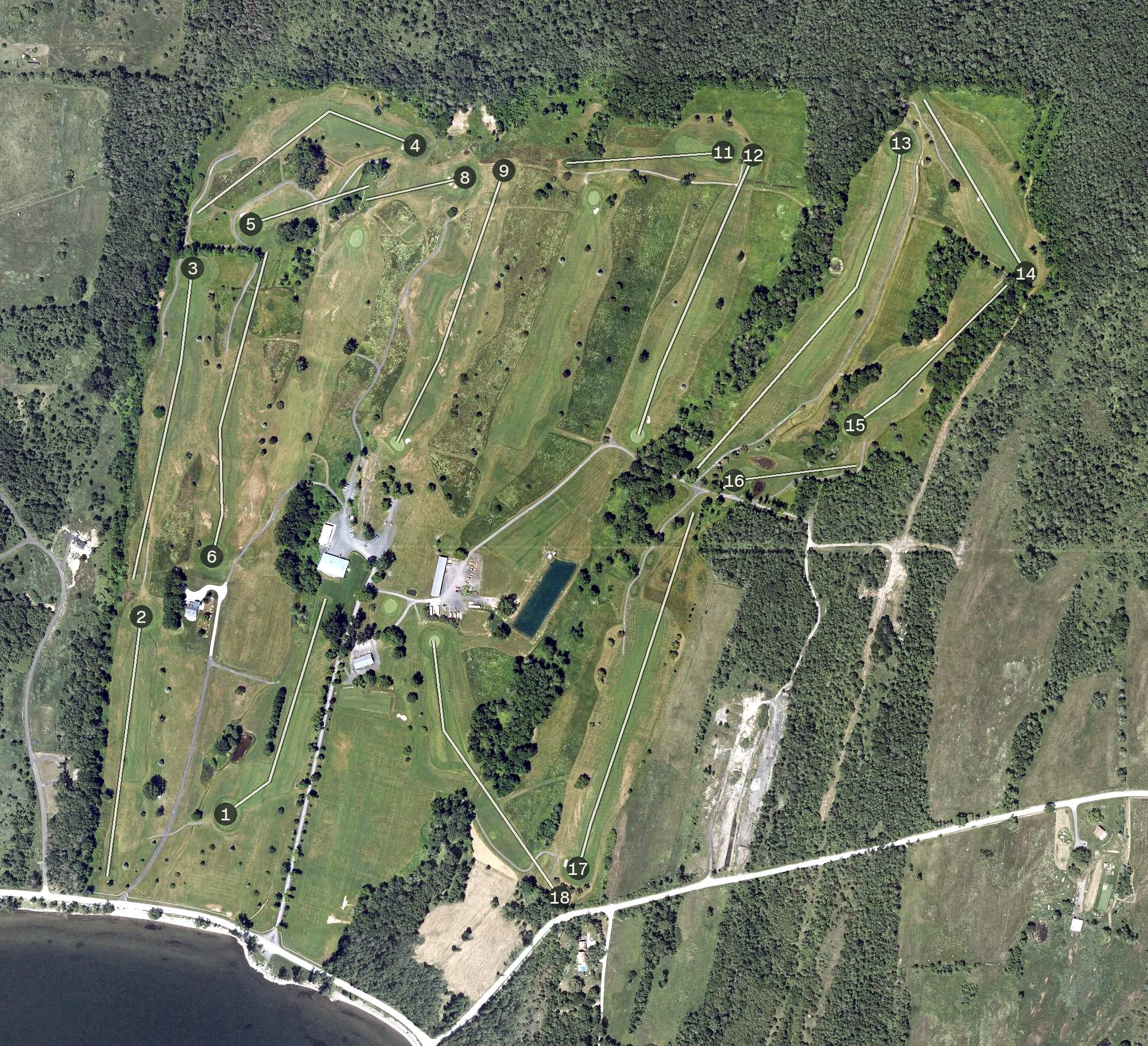 Aerial view of Alburg Golf Links, VT, with its hole routing marked