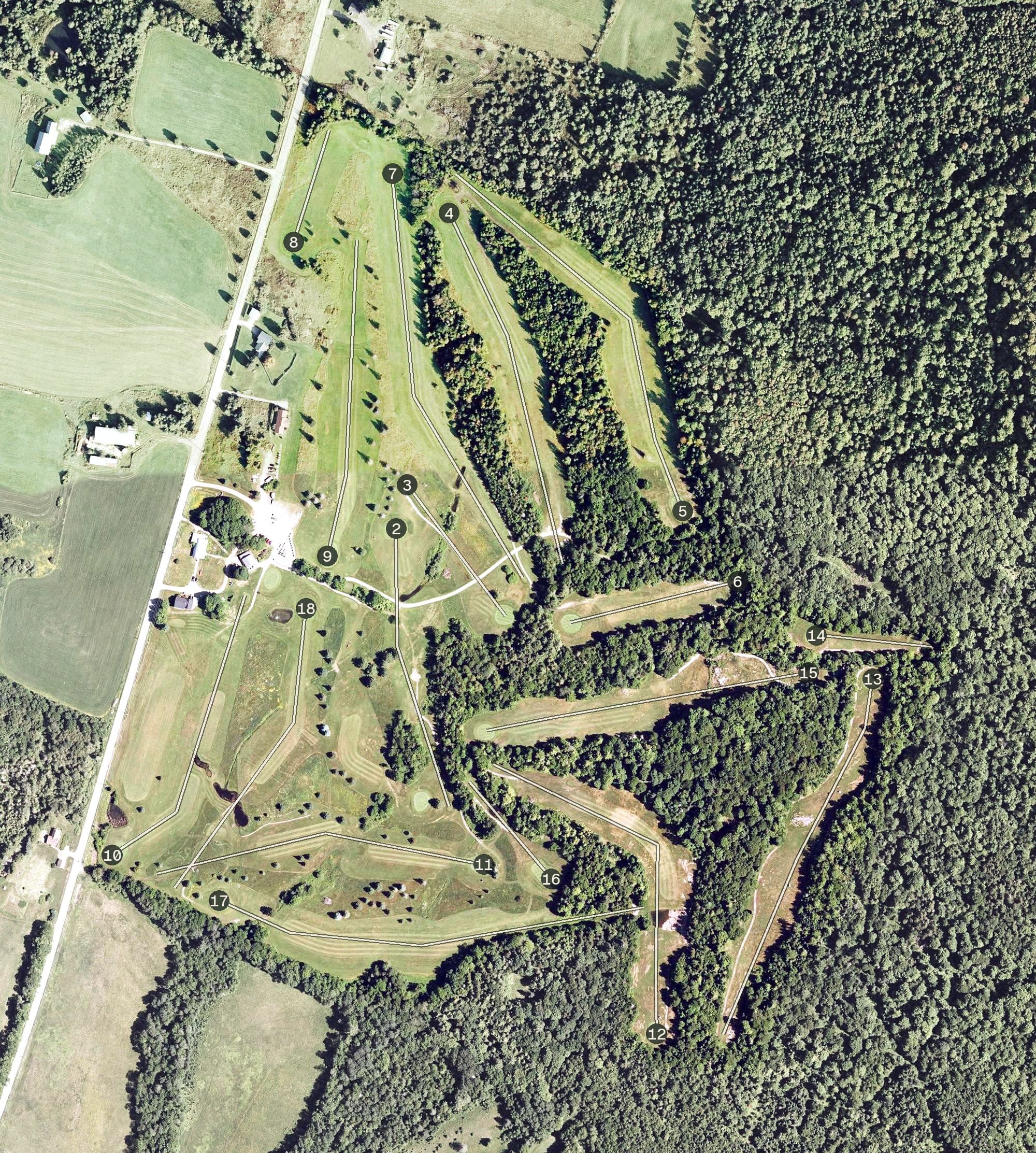 Aerial view of Barton Golf Club, VT, with its hole routing marked