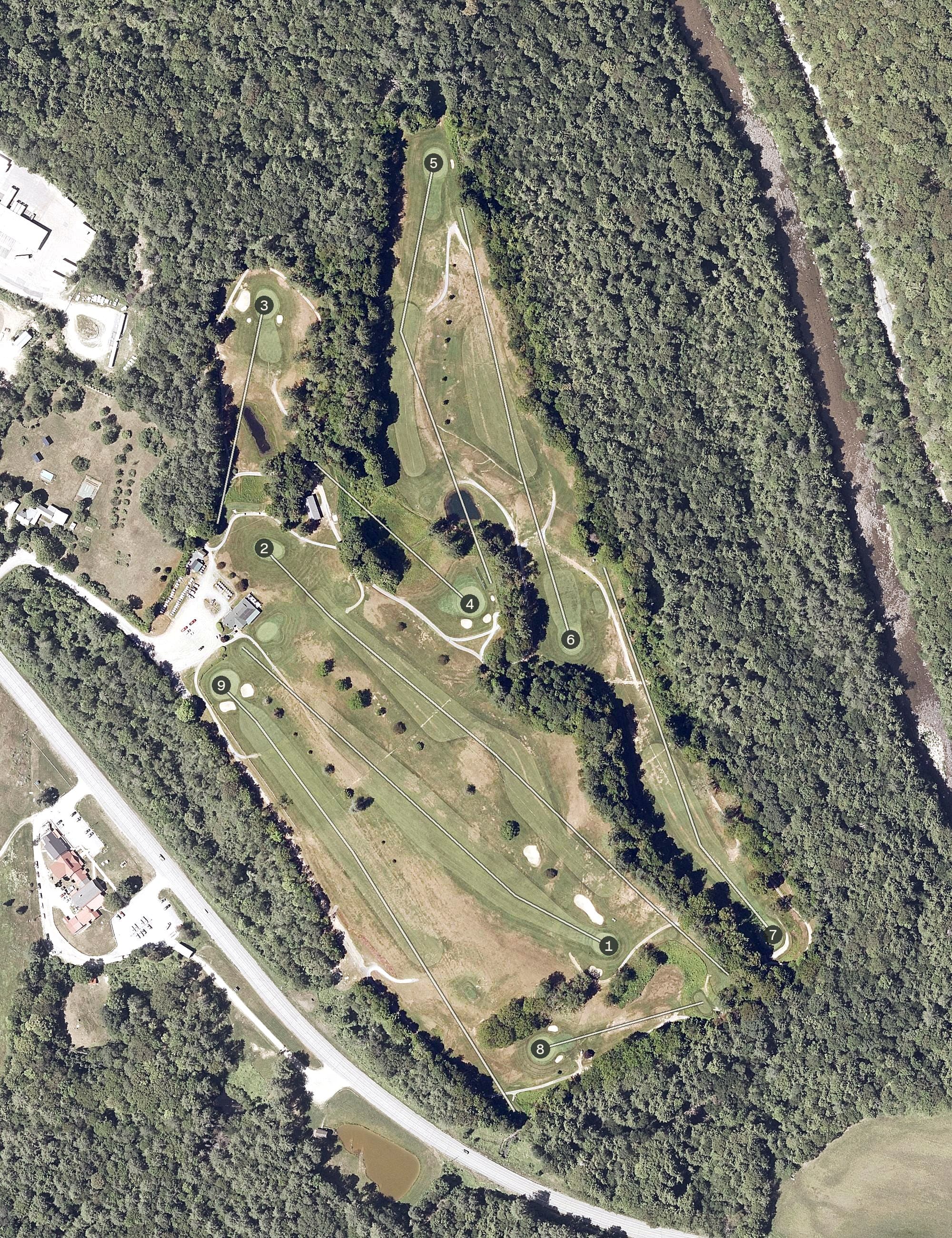 Aerial view of Bellows Falls Country Club, VT, with its hole routing marked