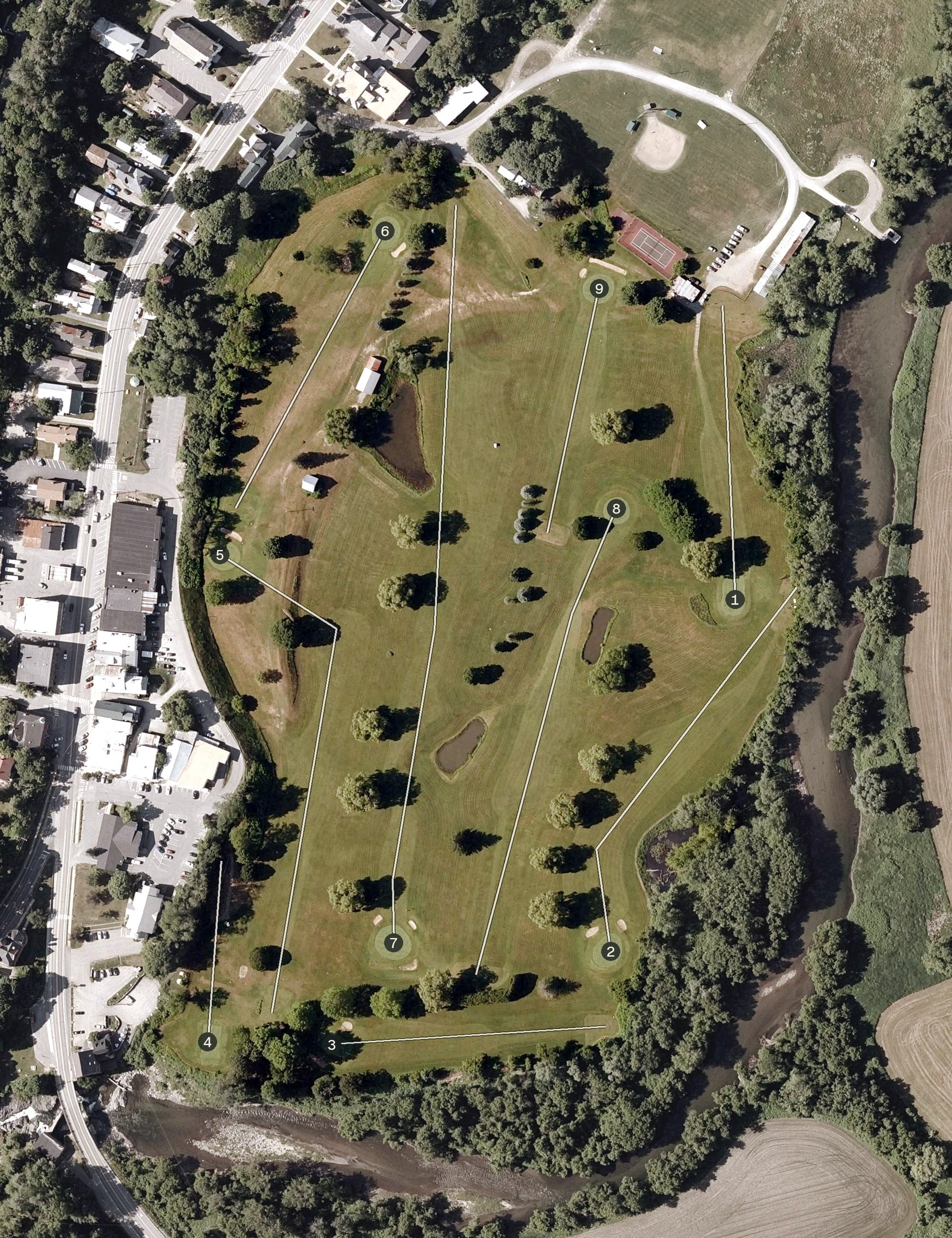 Aerial view of Bradford Golf Club, VT, with its hole routing marked