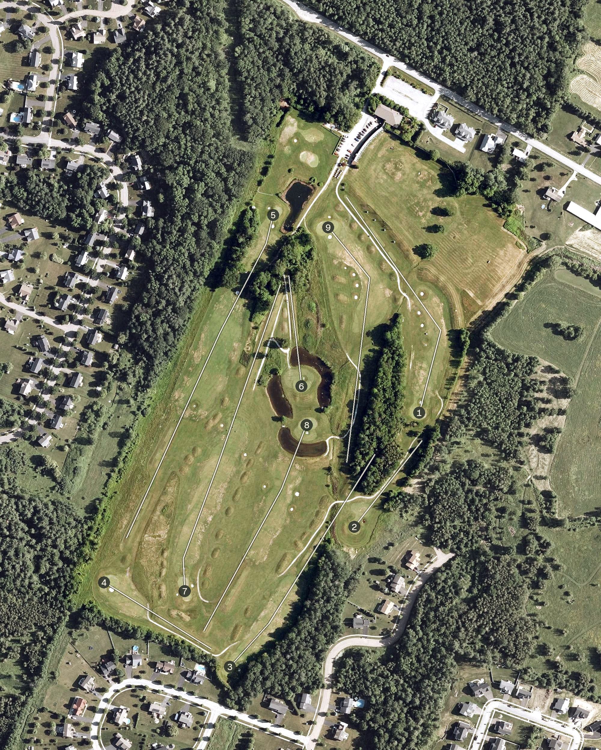 Aerial view of Catamount Country Club, VT, with its hole routing marked
